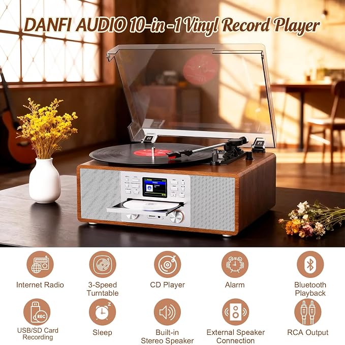 Tocadiscos Retro Bluetooth 10-en-1 con Parlantes Integrados miniatura 4
