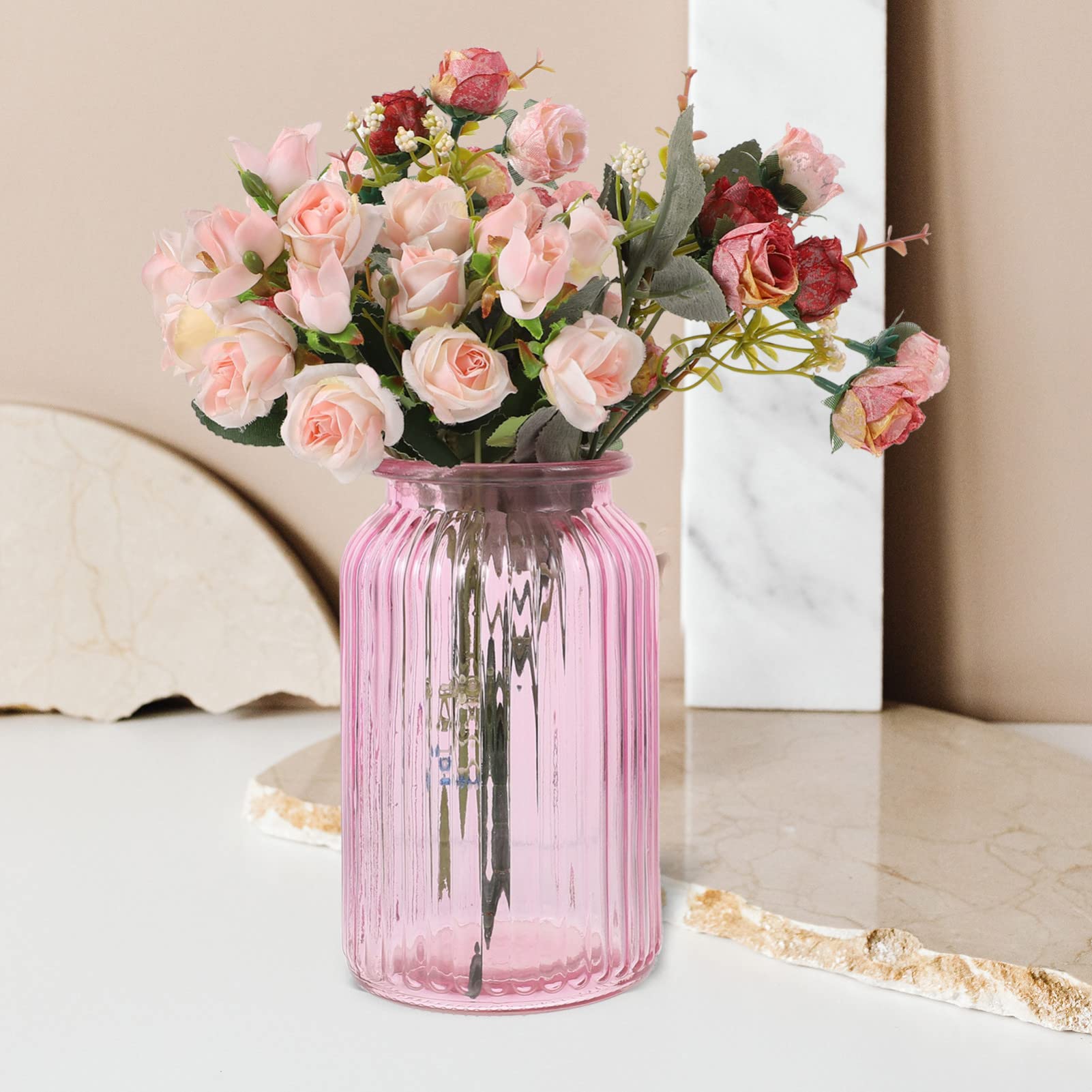 Ciieeo Colored Glass Vase 7.09 Inch Simple Style Flower Arrangement Container for Hydroponic Plants Home Office Bedroom Decor Pink Floral Container - Image 2