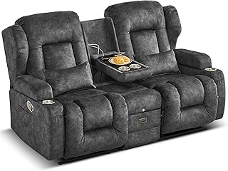 Manueller Zweisitzer Relaxsessel mit Schaukelfunktion, 30° Schwingsessel Kinosessel Heimkino Liegesessel, 2-Sitzer TV Sessel mit klappbarer Mittelkonsole, USB, Steckdose (Grau, 2-Sitzer)