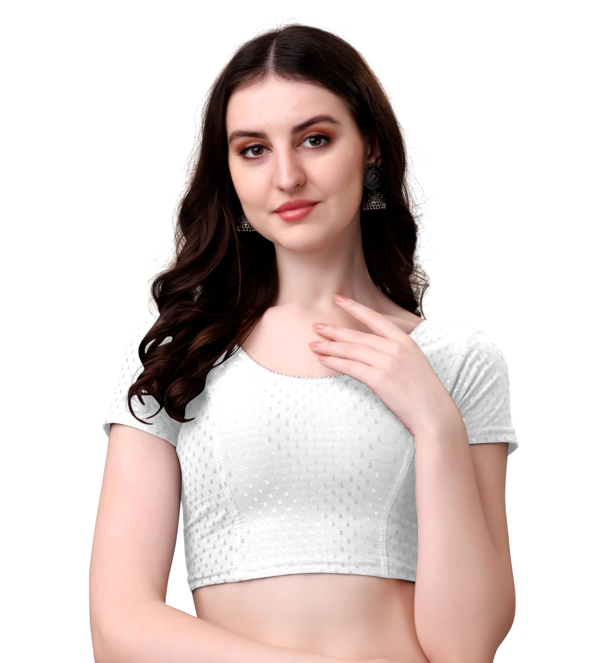 kipzy Women's Cotton Stretchable Saree Blouse – Round Neck, Short Sleeves, Readymade Slim Fit Blouse for Women-picture-49