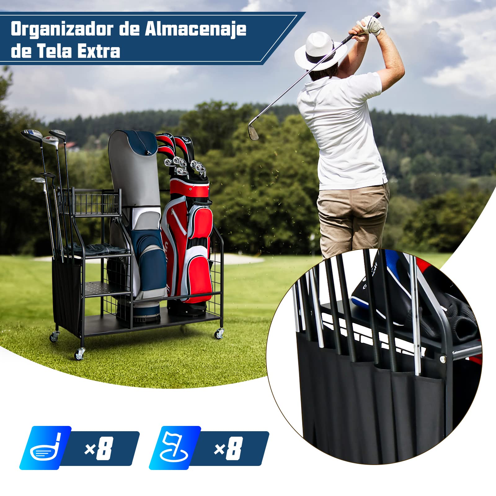 COSTWAY Estante de Almacenamiento para Bolsa de Golf con Ruedas Bloqueables