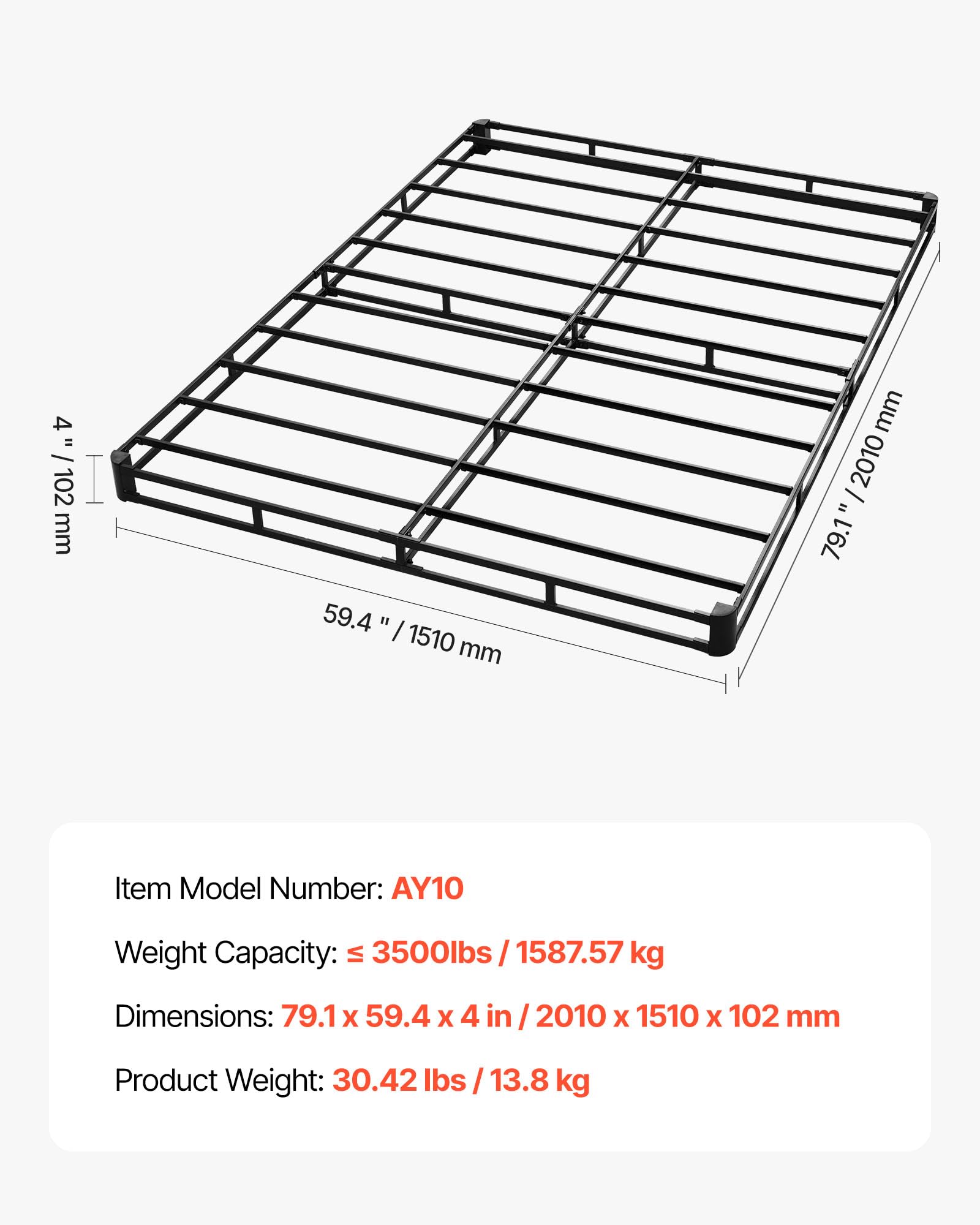 VEVOR Boxspringbettgestell (Queen-Size) mit Waschbarem Stoffbezug, Metallrahmen (2010 x 1510 x 102 mm) für Queensize-Betten, 102 mm Matratzenauflage, Max. Belastbarkeit 1587,57 kg, Matratzenfundament