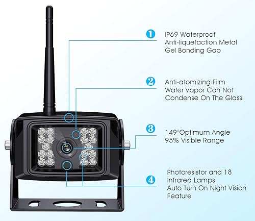 Vista 8 de Kit de sistema de cámara de seguridad digital inalámbrica, sin interferencias, IP69, cámara de visión trasera + monitor LCD de 7 pulgadas, monitor