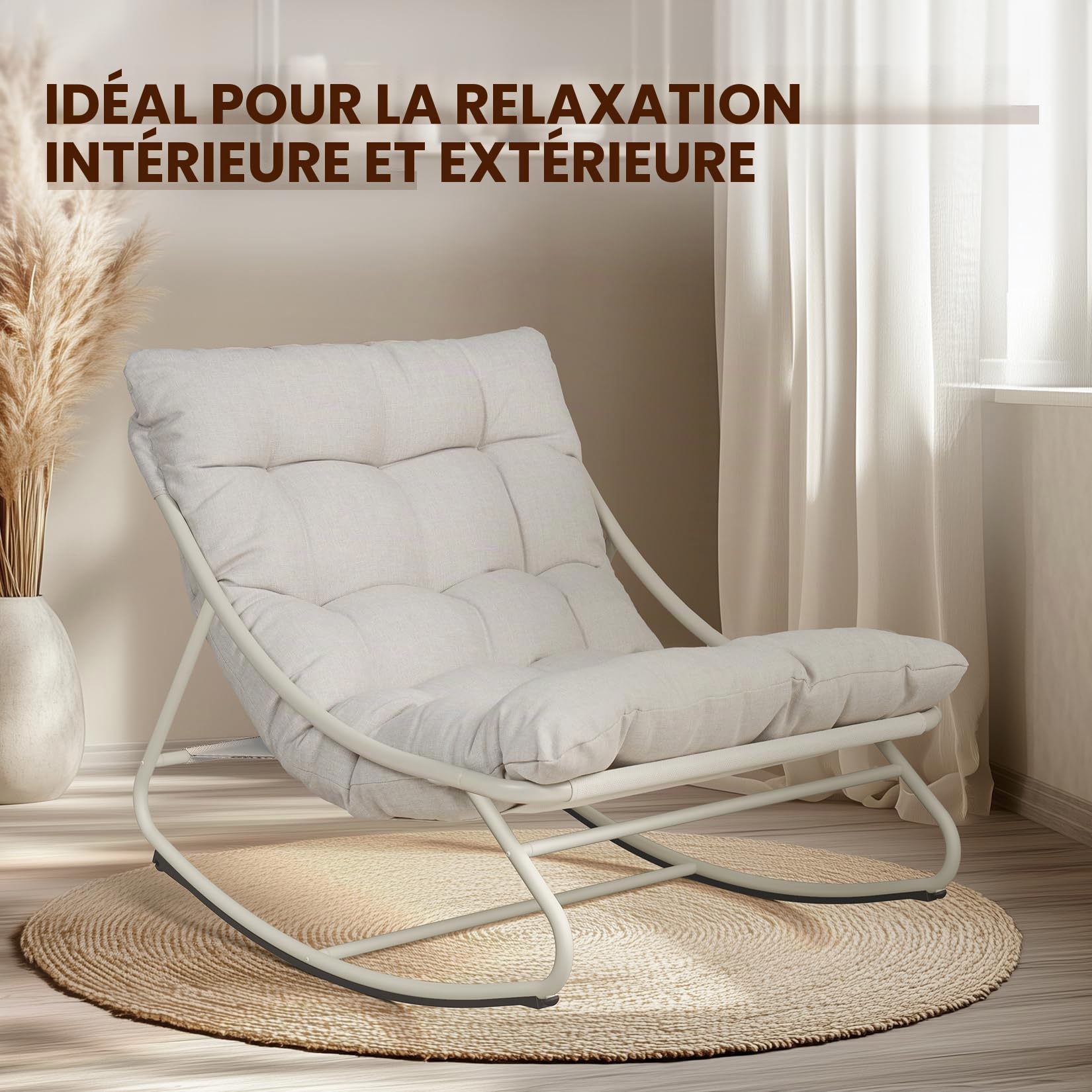 Grand patio Fauteuil à Bascule d’Extérieur avec Coussin – Chaise Relax Ergonomique en Métal, Résistante aux Intempéries, pour Jardin, Terrasse, Balcon & Salon, Jusqu’à 150 kg –Blanc Cassé