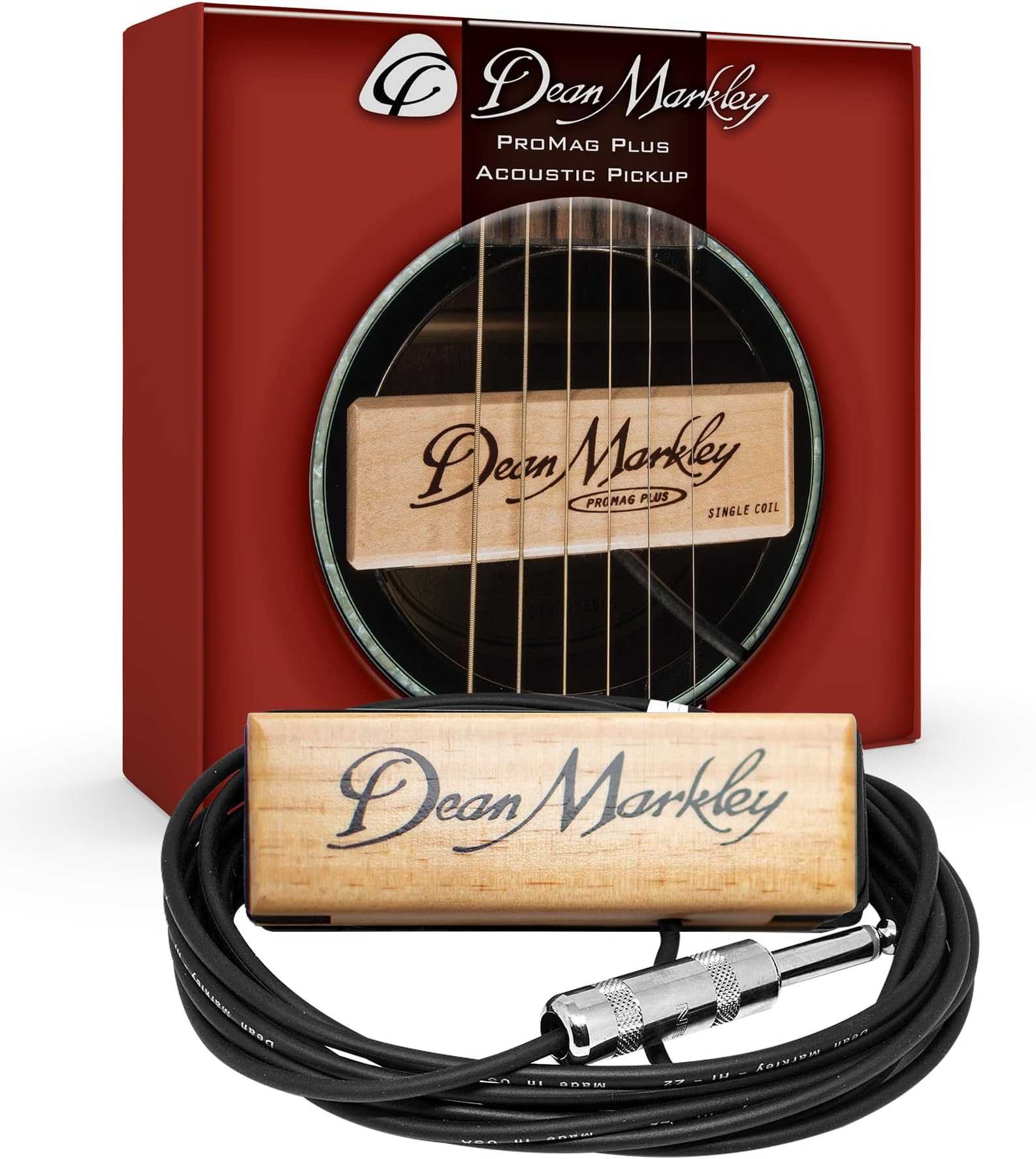 Dean Markley Pro Mag Plus Acoustic Guitar Single Coil Pickup, Smooth Maple Wood Design Active Soundhole Pickup Ebony Finish, Perfect String Balance and 15 Ft Low Noise for Steel-String Guitars