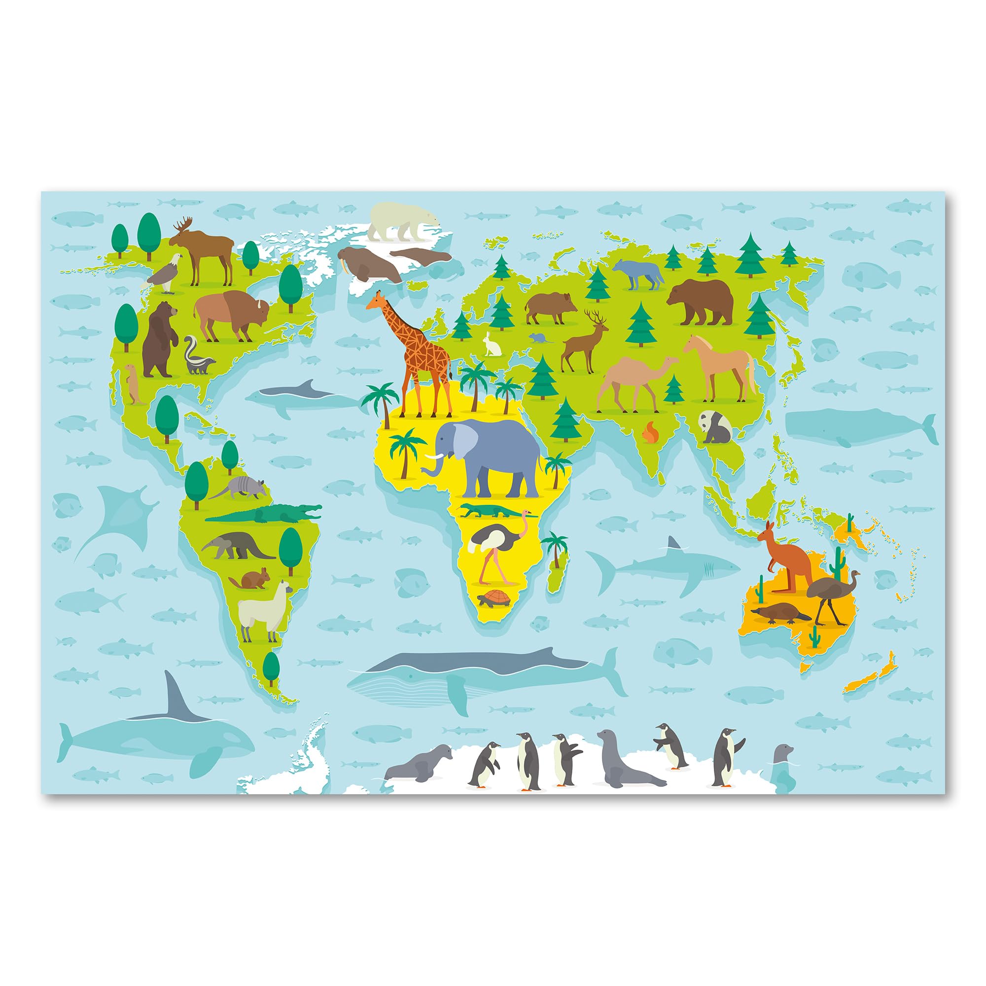 Postereck - 0860 - Weltkarte, Kinder Tiere Kontinente Lernen Schule - Kinder Kinderzimmer Kinderbild Wandposter Fotoposter Bilder Wandbild Wandbilder - Leinwand - 100,0 cm x 75,0 cm