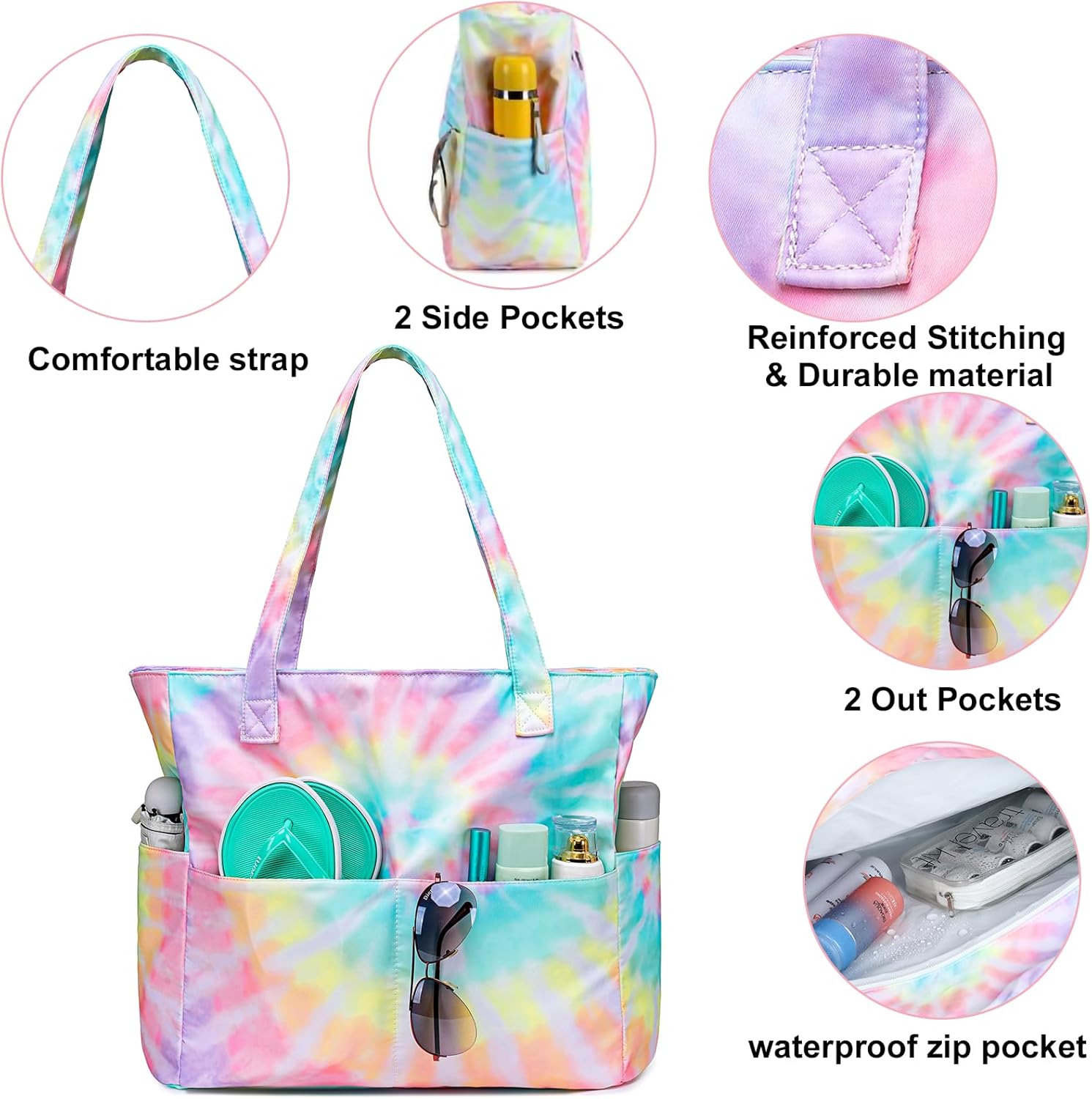 CAMTOP Waterproof Beach Tote Bag for Women Girls with Zipper Foldable Sandproof Pool Swim Bag Travel Carry On Gym - Image 5