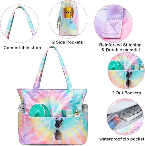 Vista 7 de CAMTOP Bolsa de playa impermeable para mujeres y niñas con cremallera, plegable, a prueba de arena, para piscina, natación, viajes, gimnasio