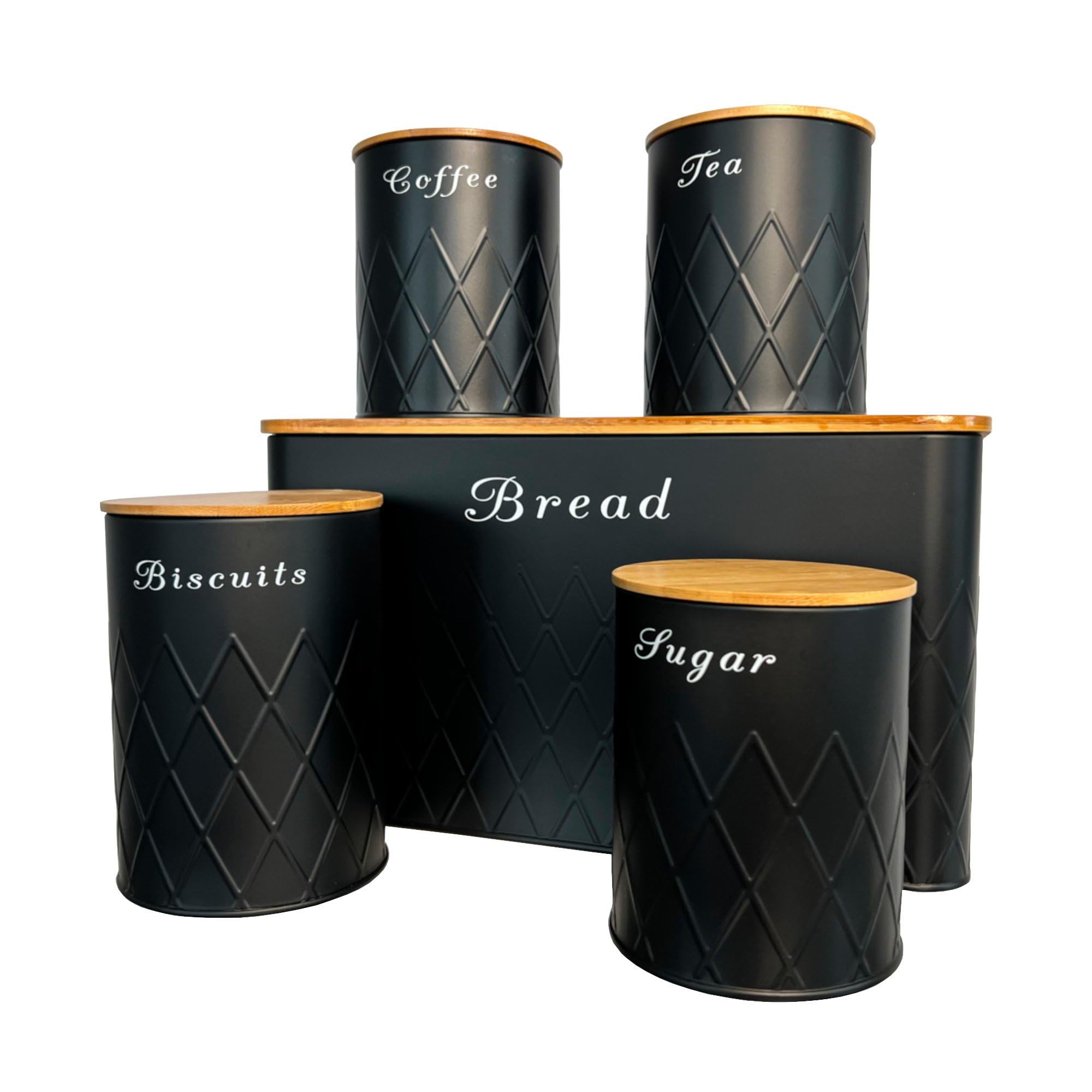 Oypla 5pc Bamboo Lid Kitchen Canister Storage Tin Set Bread Biscuits Tea Sugar Coffee (Black)
