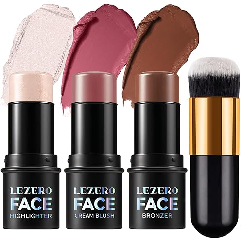 Miniatura 9 de Kit de maquillaje en barra de contorno en crema, 3 piezas, tonos con barra iluminadora, barra de rubor y barra de contorno bronceadora para esculpir