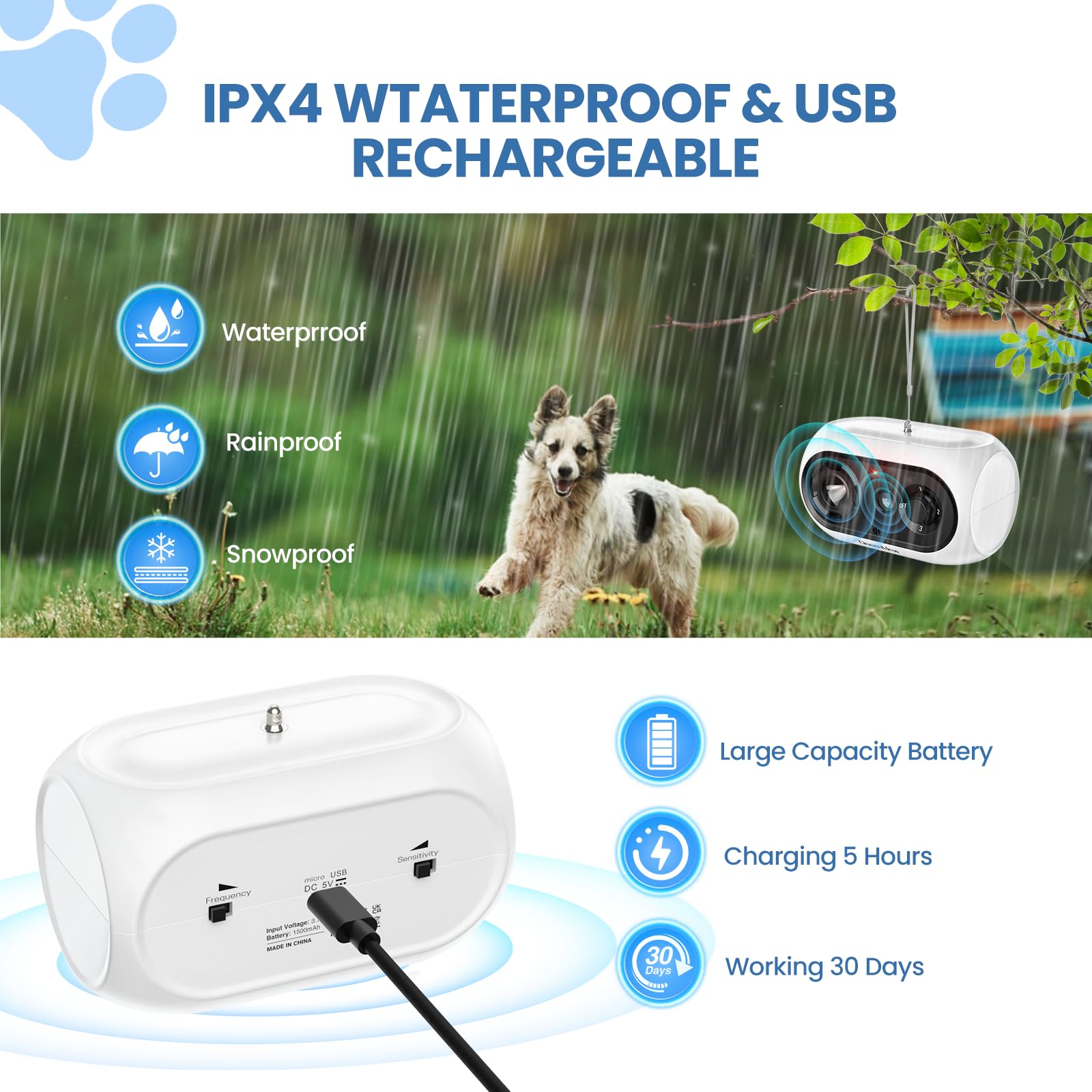 Ahuyentador de Perros, Antiladridos para Perros Ultrasónicos de hasta 50 Pies de Control de Largo Alcance, 3 Niveles Ajustables Anti Ladridos para Perros Interiores y Exteriores
