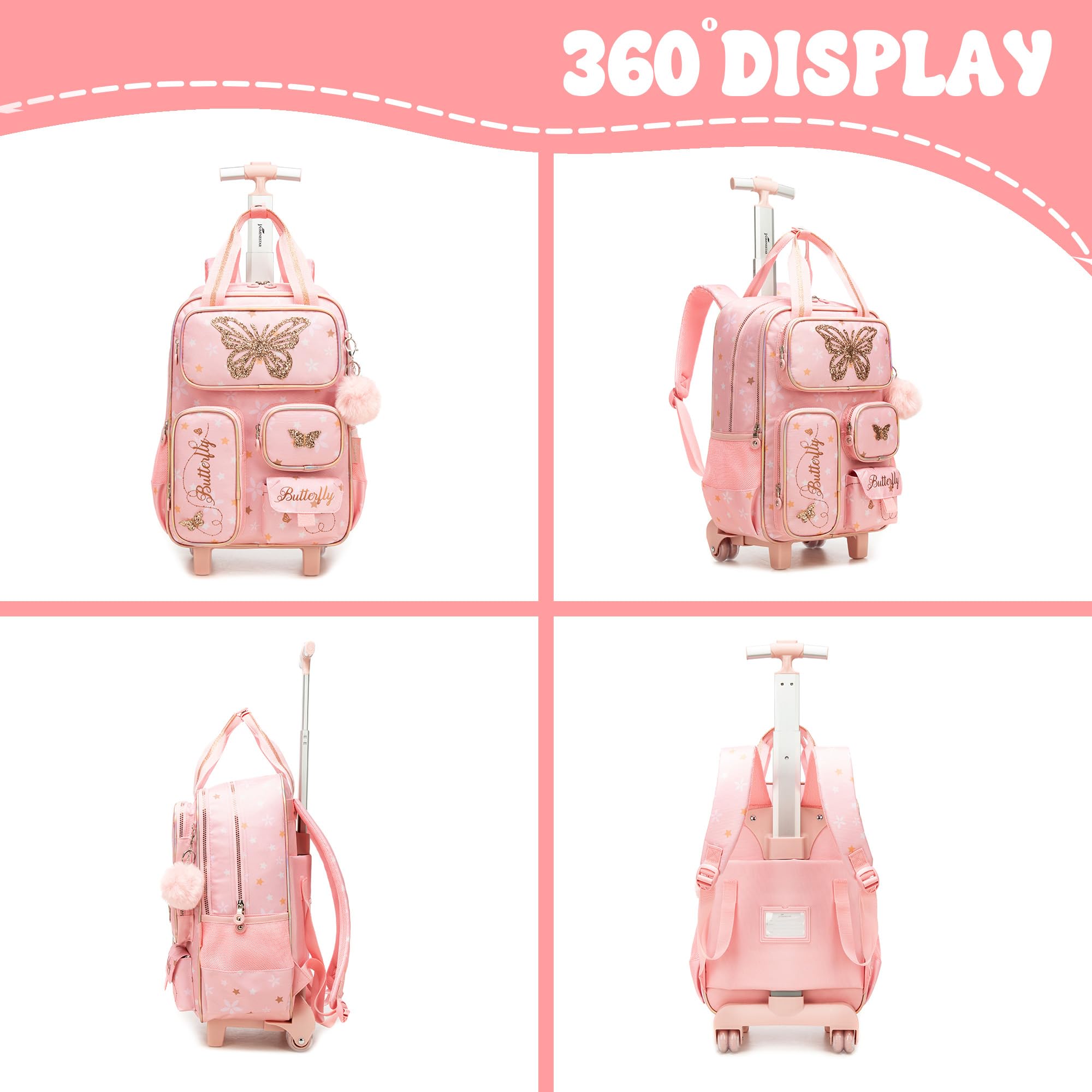 HTgroce Schulrucksack Trolley Mädchen Schmetterling Ergonomischer Schulranzen mit Rollen für Grundschule Kindergepäck Schultrolley