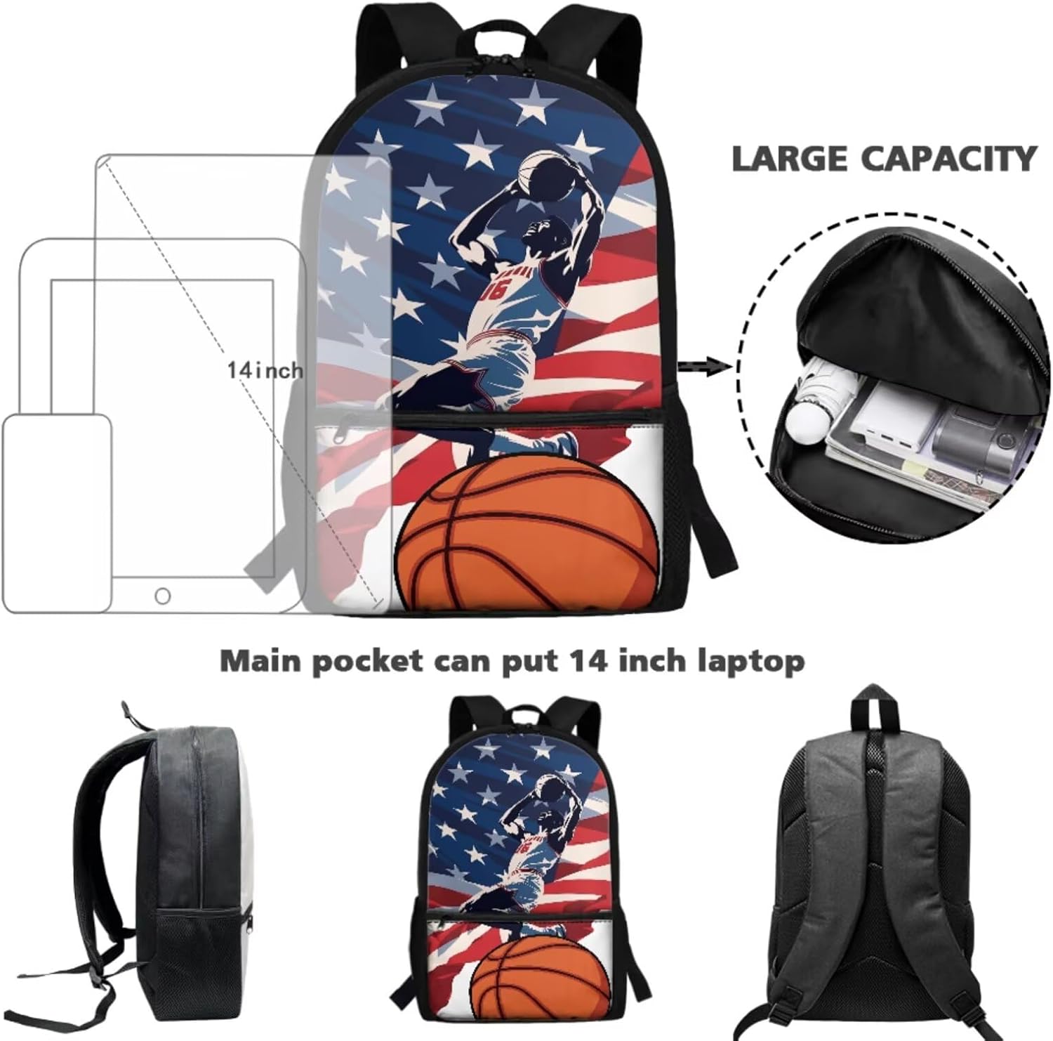 Dolyues 4-in-1 American Flag Basketball Backpack Lunchbox Cambo for Elementary Boys 6-8 Back to School Bookbag for Kids with Water Bottles Zip Pencil Case