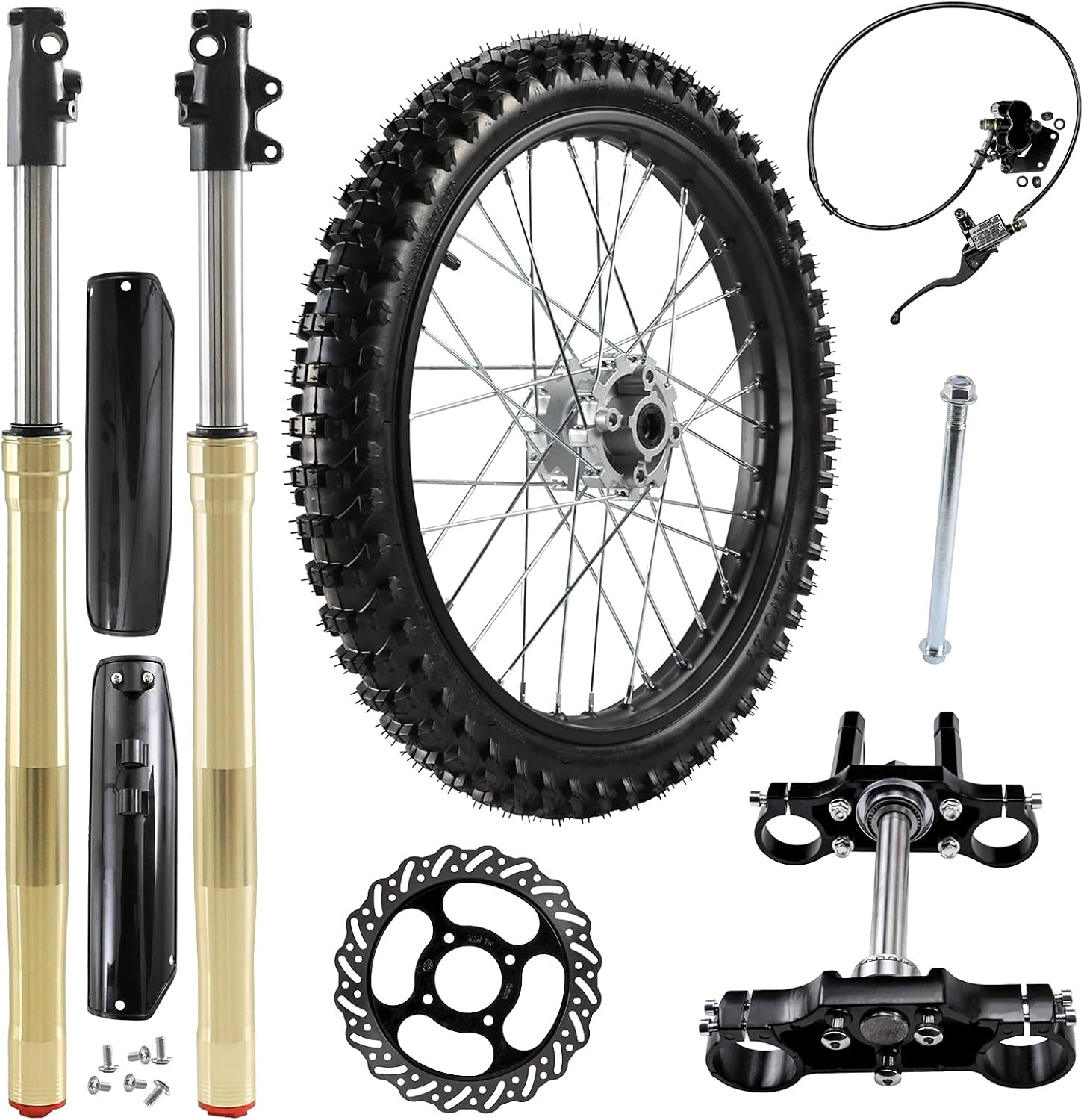 70/100-19 Front Wheel Tire with 15mm Bearing & Brake Master Caliper & Rim Axle & 45mm/48mm Fork Shock Absorber and Triple Clamp Handlebar Riser Set for Pit Pro Trail Dirt Bike