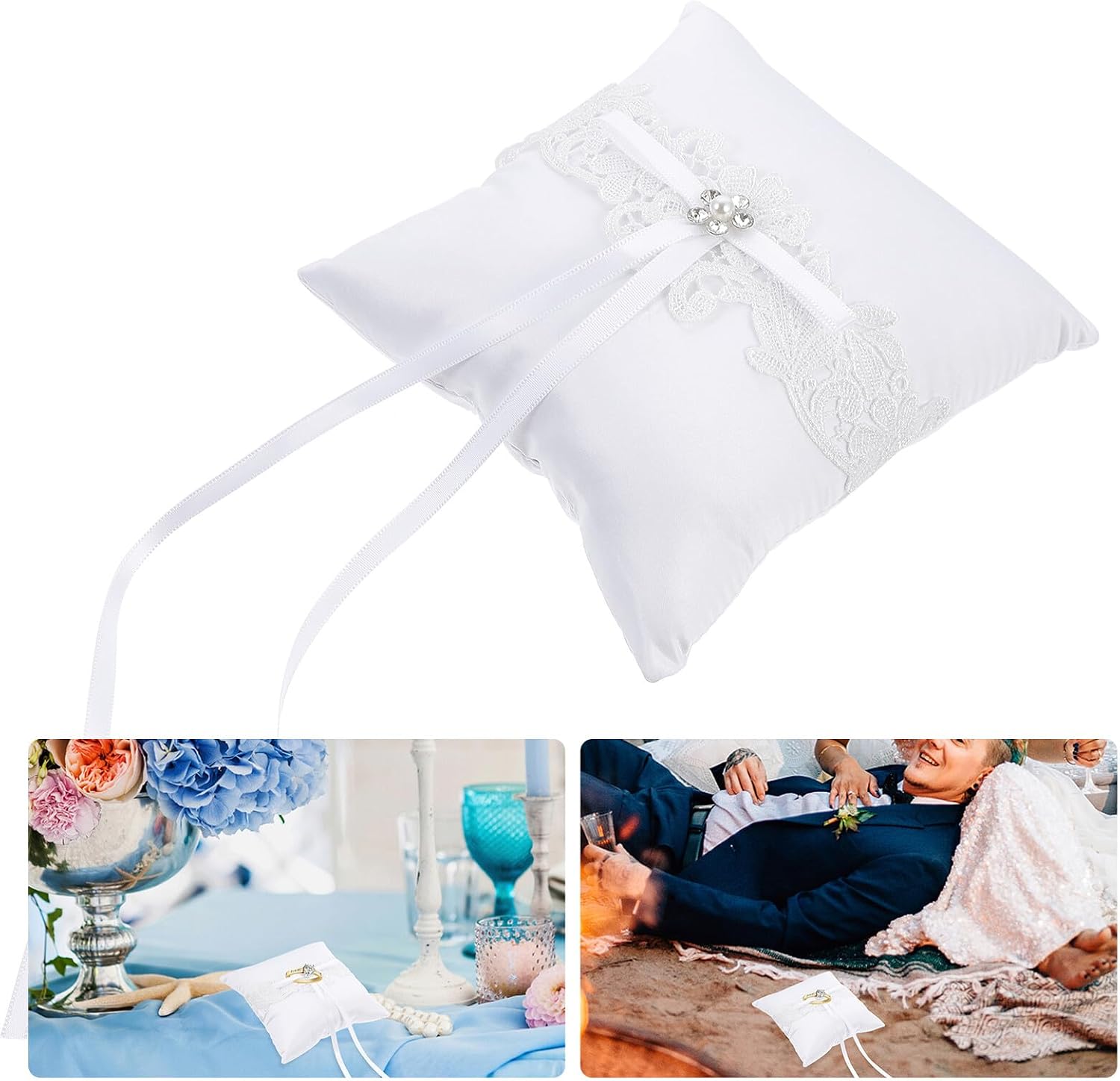 FUOYLOO Bridal Ring Cushion Pillow with Lace and Bowknot White Wedding Ring Bearer Pillow for Ceremony Romantic Decorative