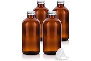 JUVITUS 8 oz Amber Glass Boston Round Bottles (4-Pack) with Silver Metal Screw-On Caps