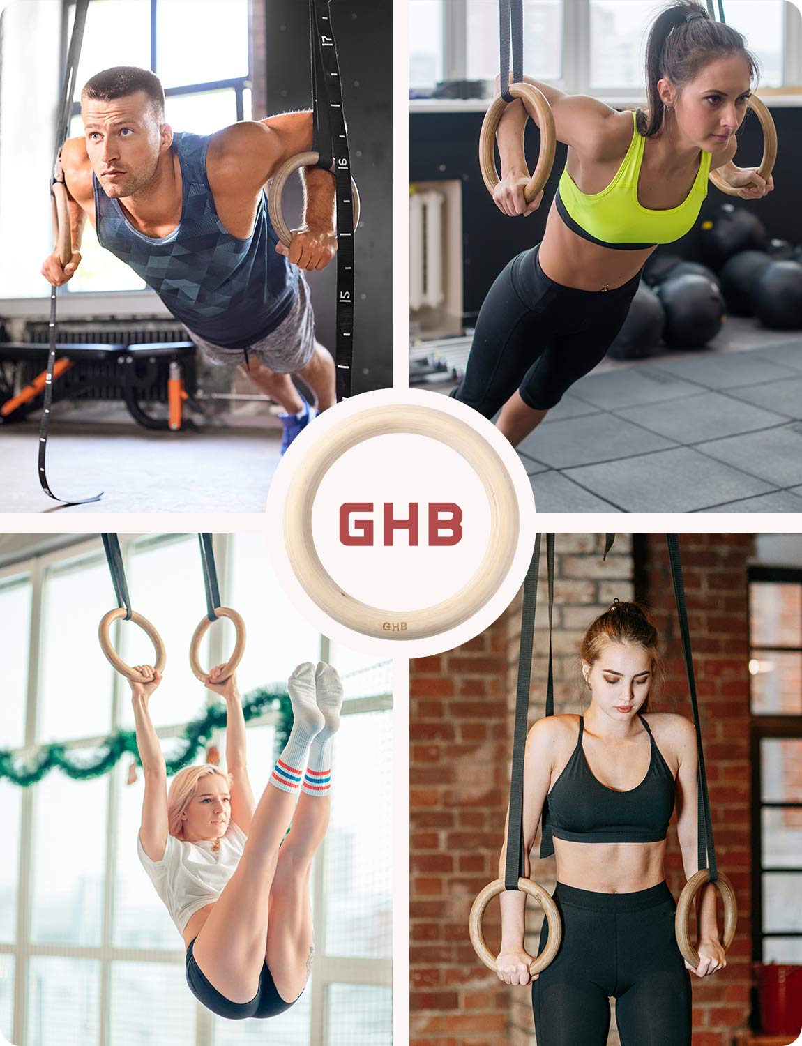 GHB Drewniane pierścienie gimnastyczne z regulowanymi klamrami, do treningu fitness, 28 mm/32 mm