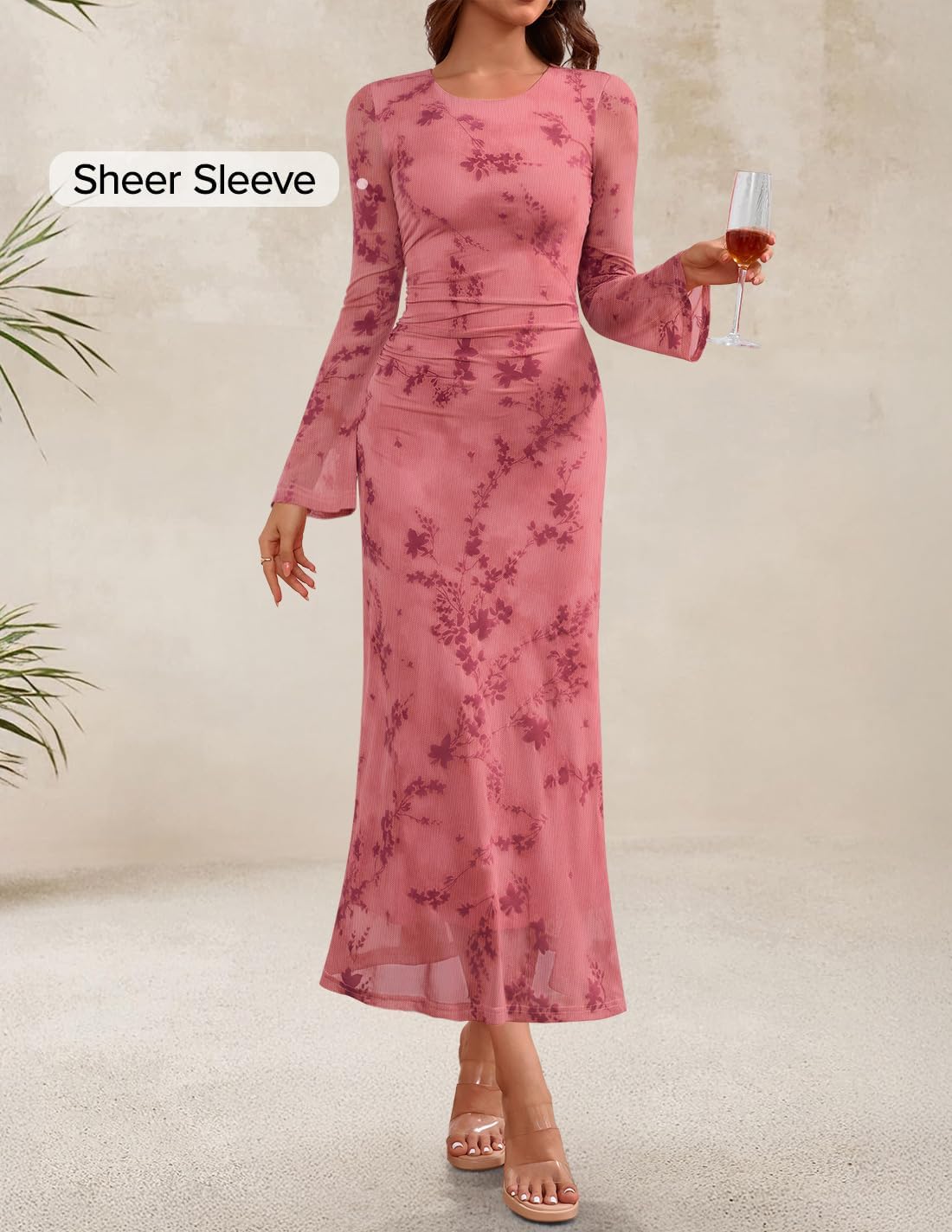 ZESICA Women's Long Sleeve Floral Bodycon Dress 2026 Spring Fall Ruched Mesh Wedding Guest Cocktail Party Maxi Dresses - Image 2