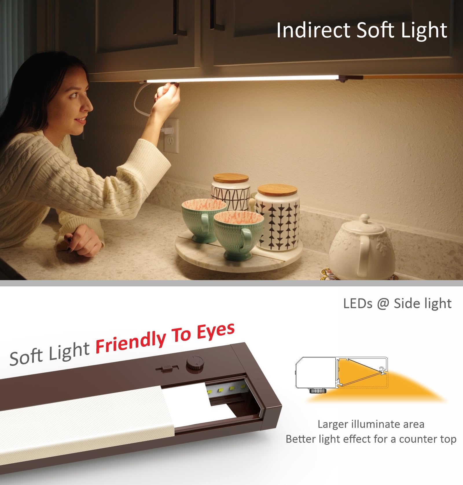 Leetdud - Oświetlenie LED pod szafką, wbudowana lub przewodowa wtyczka ściemniacza, 30 cm 6 W, możliwość przyciemniania, 5 kolorów, 2700 K/3000 K/3500 K/4000 K/5000 K, możliwość łączenia z ETL