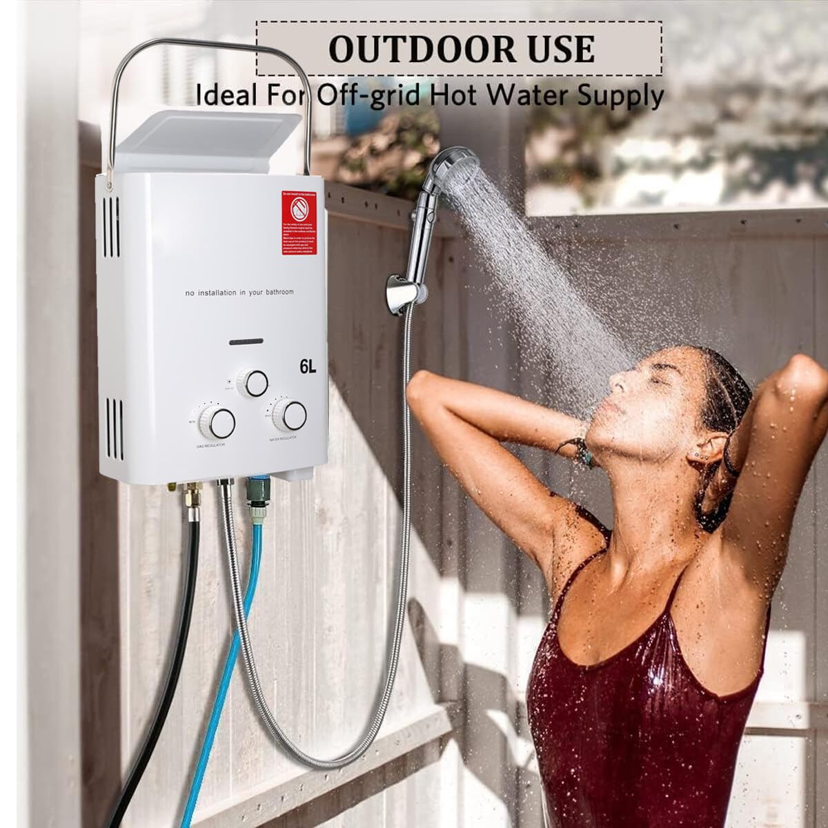 Calentador de Agua Propano Instantáneo 6L / min, Calentador de Agua de Gas sin Tanque con Tapa de lluvia, Tankless Calentador de Gas con Mango Portátil 12Kw para Ducha de Camping