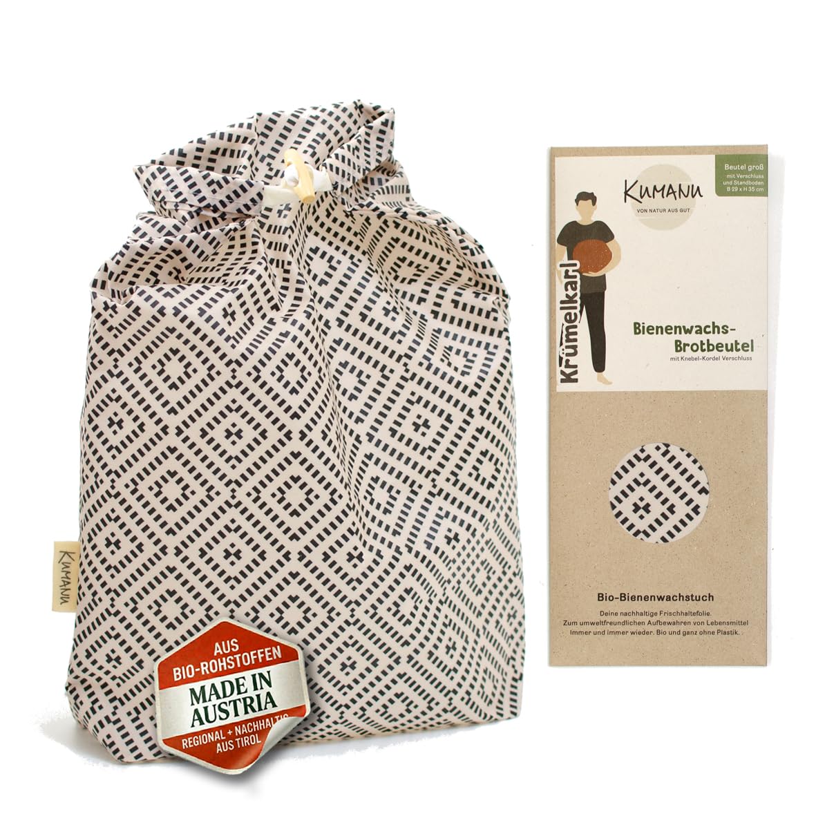 Kumanu | Bio Bienenwachstuch - Brotbeutel KRÜMELKARL 35x29cm | handgemacht in Tirol | mit Standboden und Verschluss | natürlich und plastikfrei frischhalten (Raute)