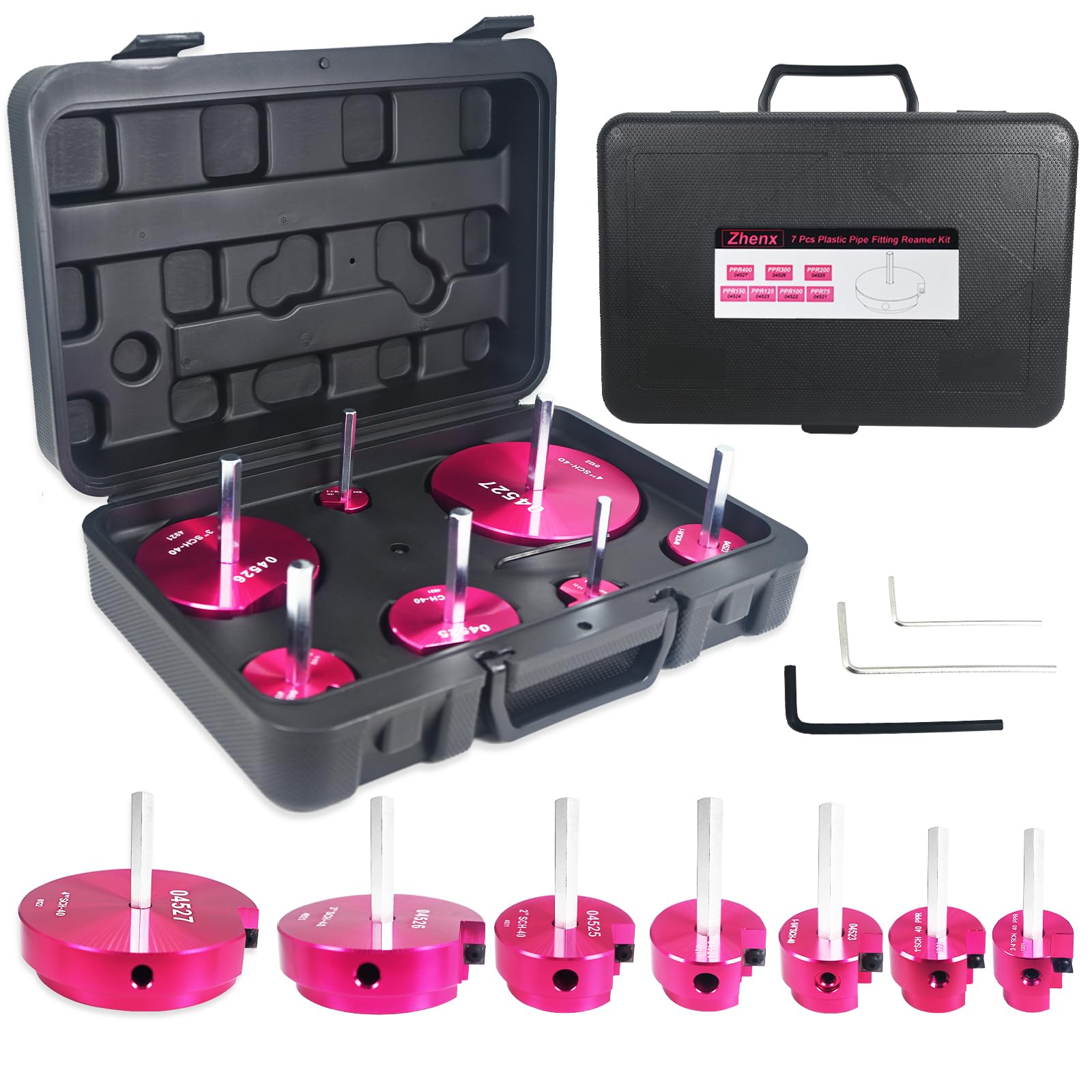 7Pcs Plastic Pipe Fitting Reamer Kit, PVC Fitting/Socket Saver Kit Includes 3/4 Inch, 1 Inch, 1-1/4 Inch, 1-1/2 Inch, 2 Inch, 3 Inch, 4 Inch heads and Tool box. Fit into standard 1/2" drills