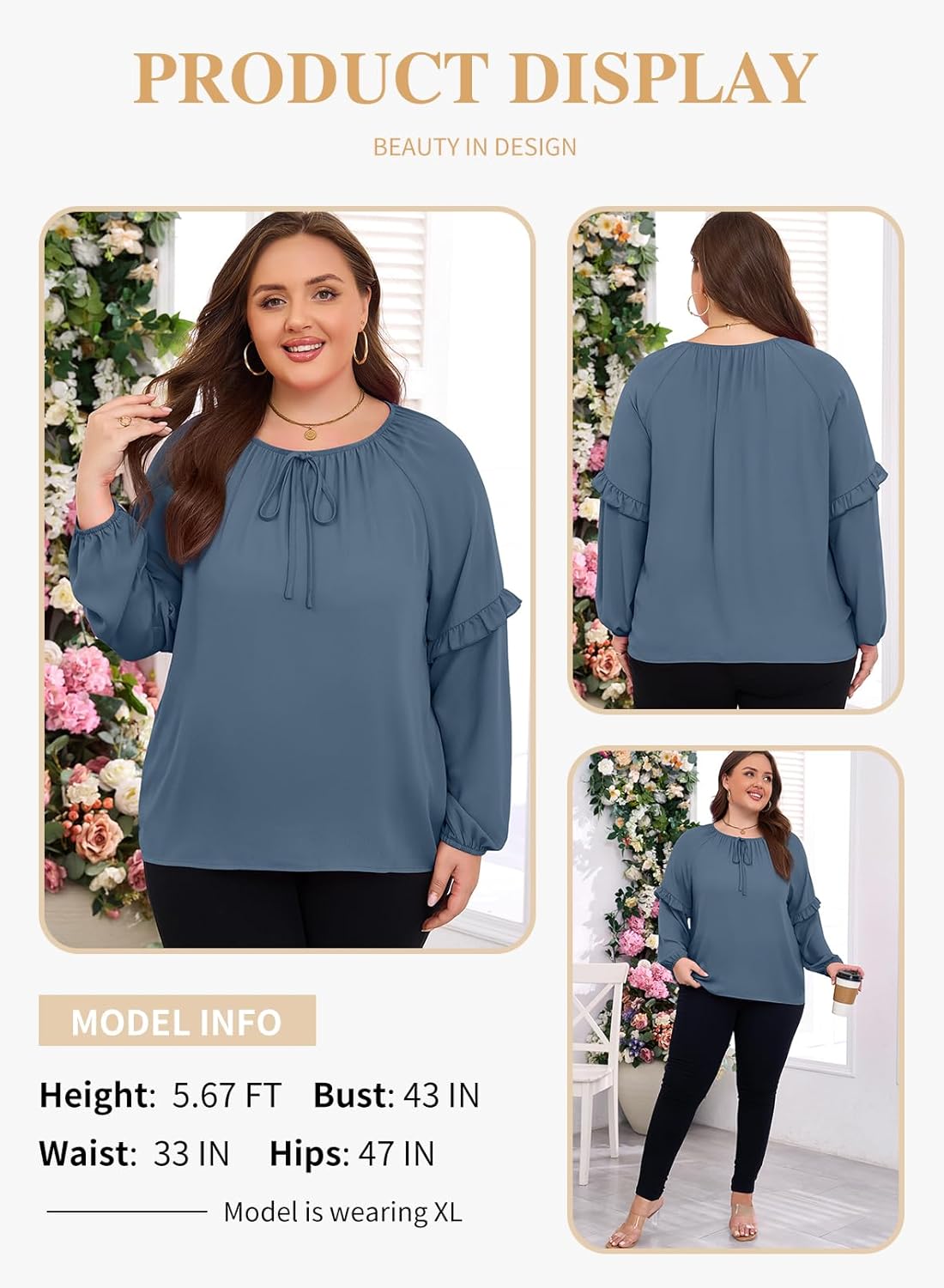 Eytino Womens Plus Size Tops Long Sleeve Crewneck Dressy Casual Chiffon Blouse Flowy Shirts(1X-5X) - Image 3