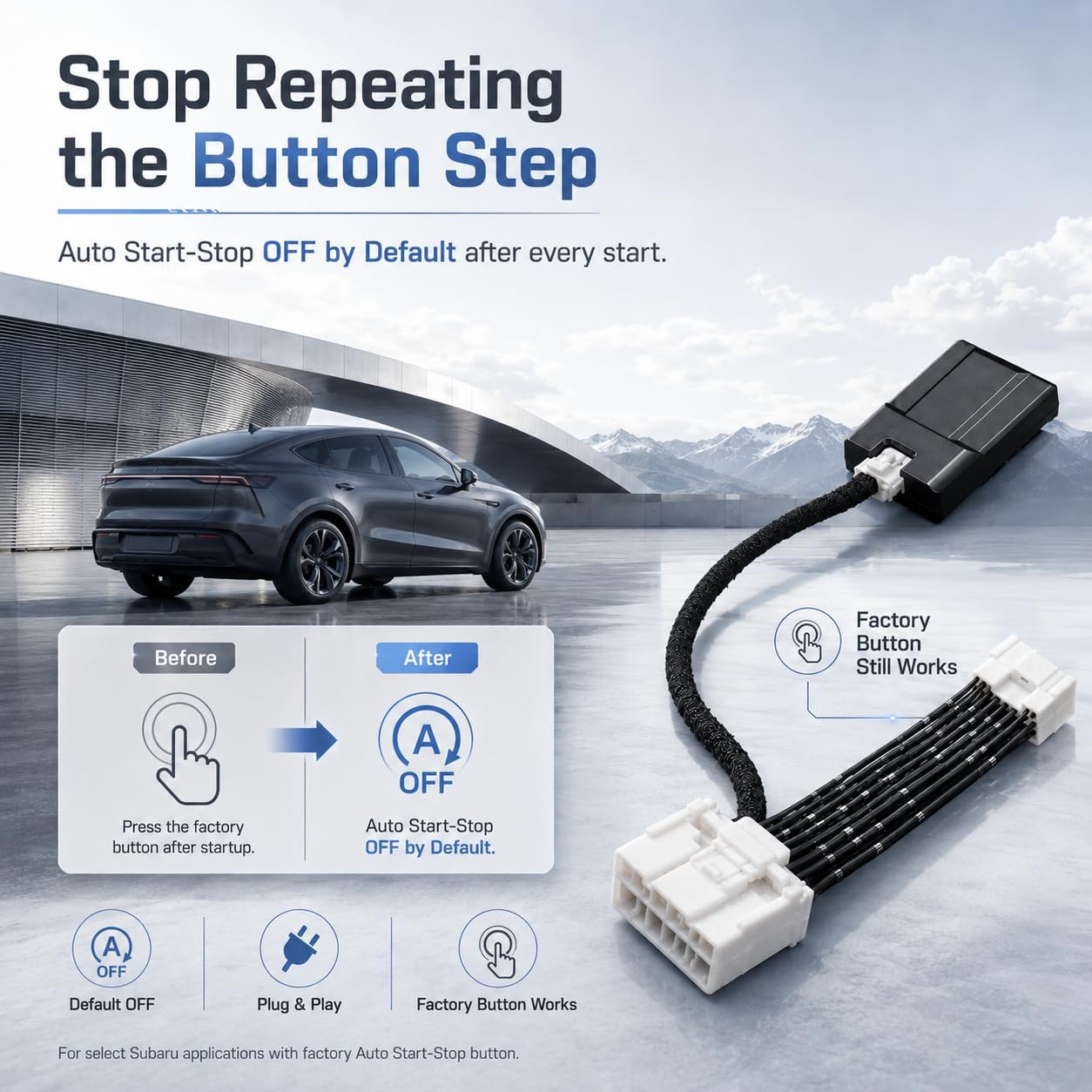Auto Start Stop Eliminator for compatible 2024-26 Subaru Forester Crosstrek WRX | Fits 2024-2026 Forester, Crosstrek, WRX; defaults Auto Start-Stop to OFF while keeping factory control