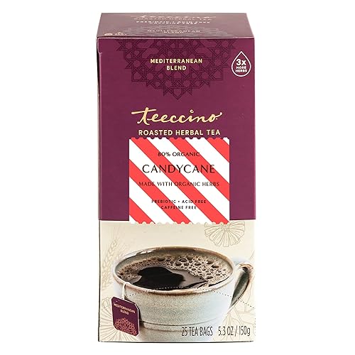 Teeccino Candy Cane Herbal Tea - Favorite Dessert Beverage That’s Prebiotic, Caffeine-Free & Acid Free, Medium Roast, 25 Count - Candy Cane - 25 Count (Pack of 1)