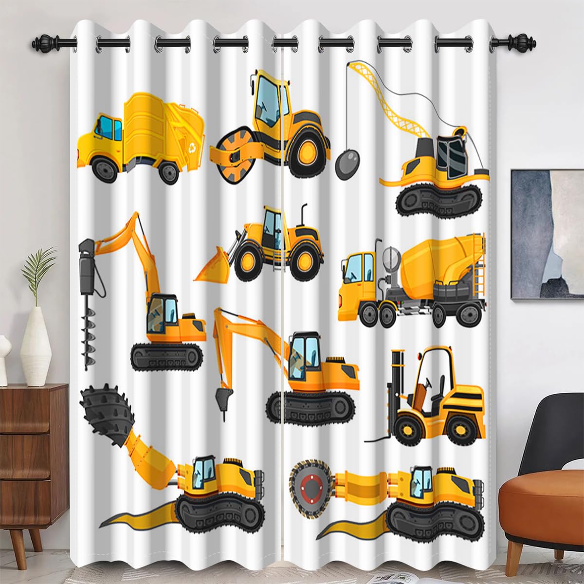 Umpoo 26x63 Inch Construction Truck Blackout Curtains Cartoon Excavator Crane Digger Yellow Heavy Machinery Car for Living Room Children's Bedroom Window Drapes, 2 Panel Home Set with Holes