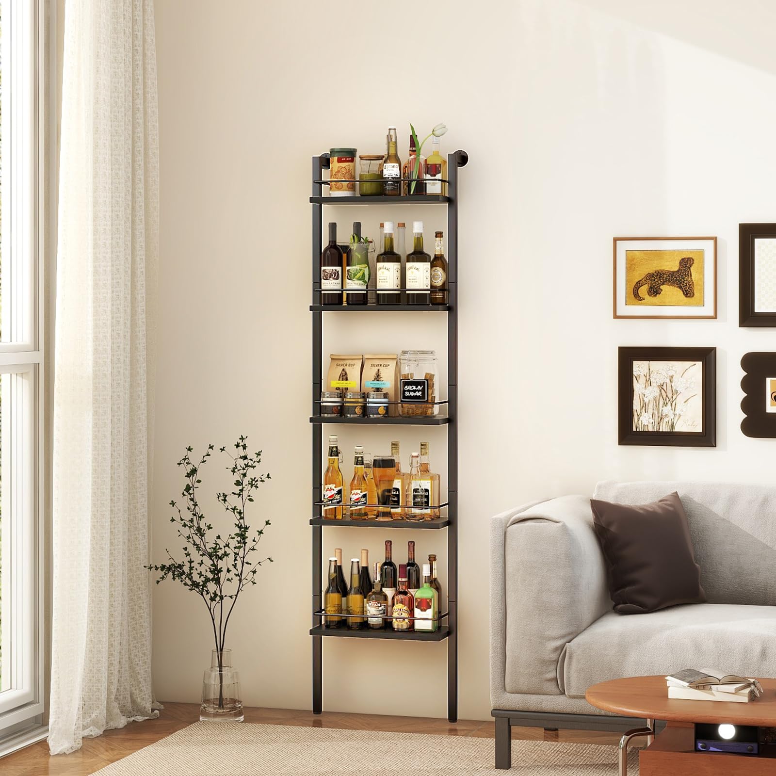 YMYNY 5-Tier freistehende Weinregale, Liquor Flasche Display Regal mit Zäunen, Wand montierte schwimmende Regal Lagerstand für Küche, Esszimmer, 43 x 20 x 177 cm Schwarz HWR001B