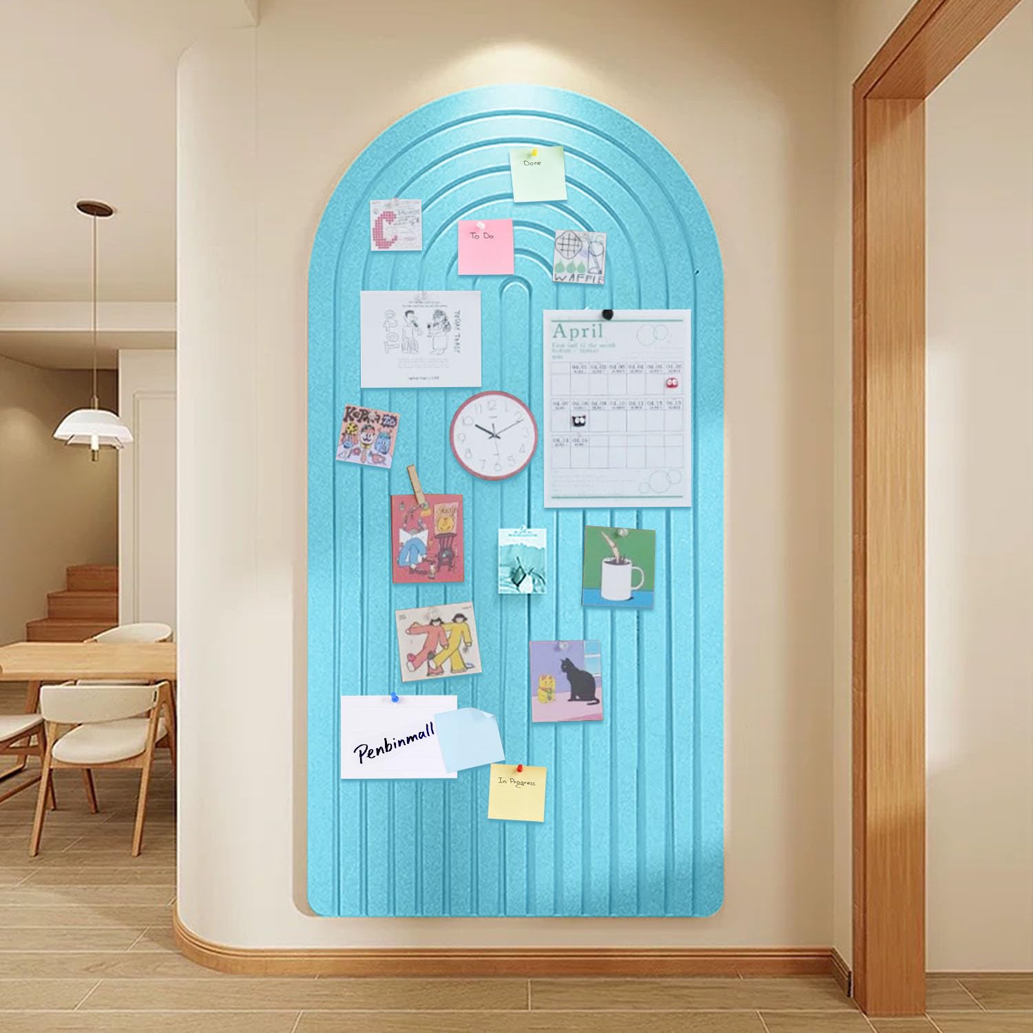 Large Felt Notice Board 120 x 60 cm Felt Board - Round Edges Decorative Notice Board Self-Adhesive Cork Board Alternative for the Wall, Foldable Picture Board Vision Board with 30 Push Pins, Lake Blue
