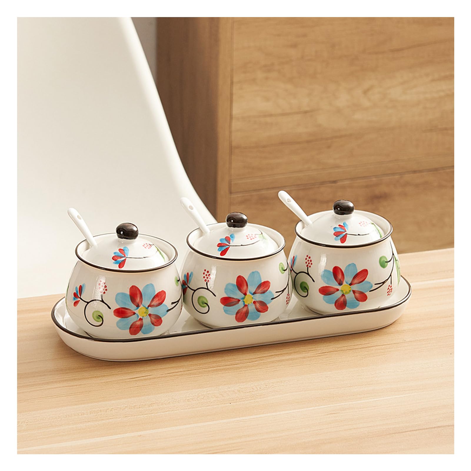 Lot de pots à épices en céramique avec plateau, peints à la main, ensemble de rangement de cuisine