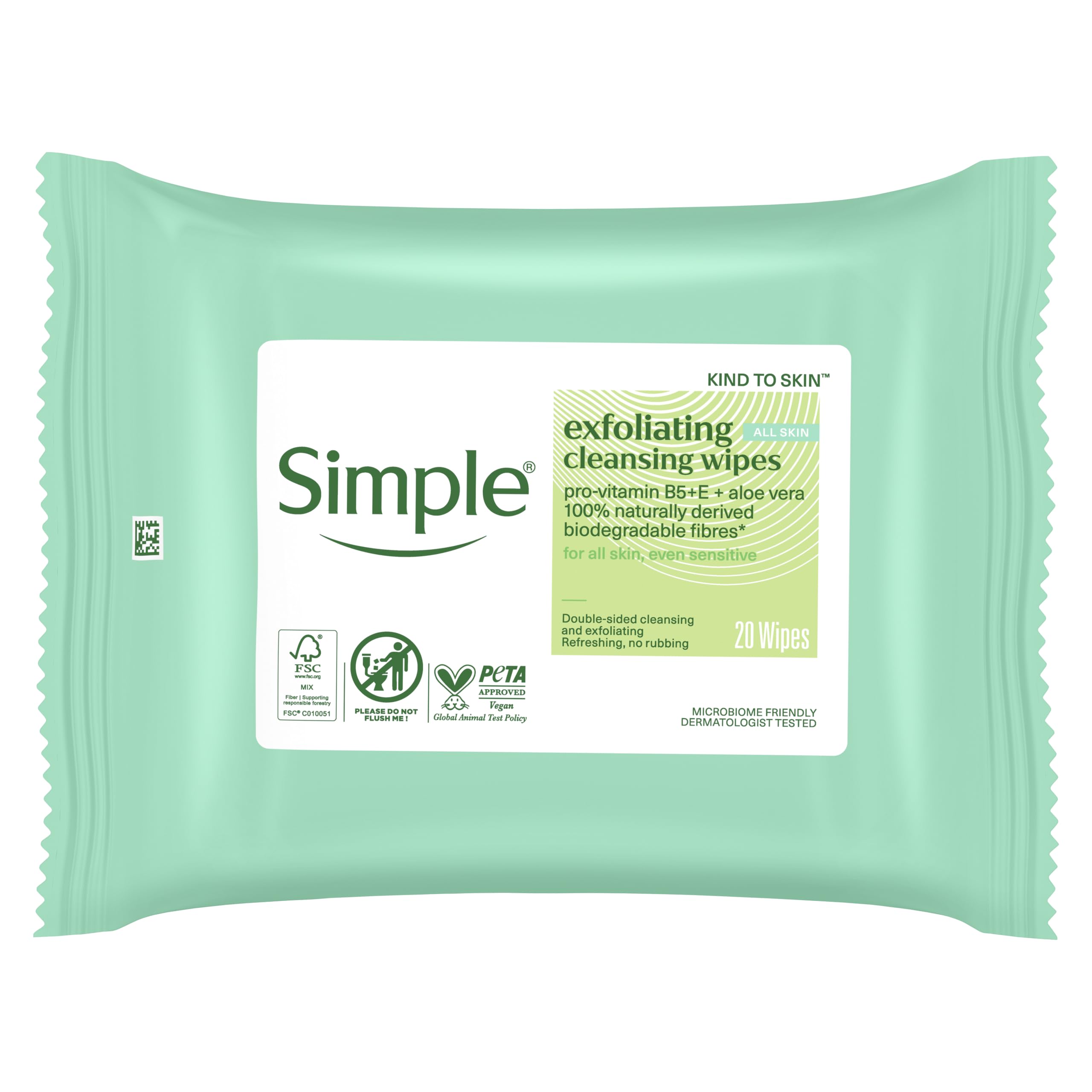 Simple Kind To Skin Exfoliating Wipes - 20 Wipes - Biodegradable Wipes