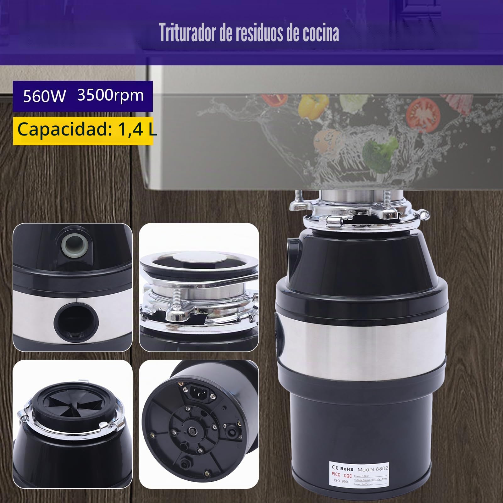560W Trituradora De Residuos De Alimentos 3500rpm Trituradora De Residuos De Cocina Fregadero Protección contra el Ruido Máquina de Tratamiento De Residuos De Alimentos Para Tratamiento De Residuos De