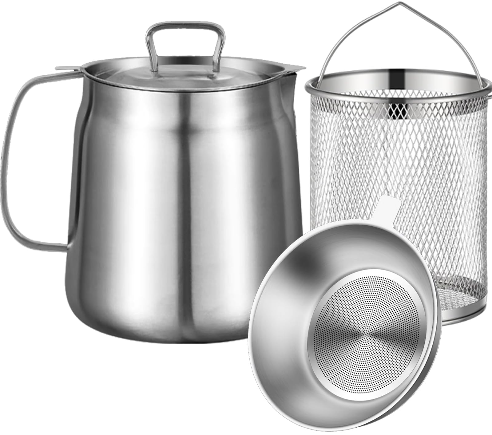 68Oz Oil Strainer Pot - Stainless Steel Bacon Grease Container with Strainer and Frying Basket - 2 in 1 Versatile Oil Filter Vessel for Kitchen and Camping - Heavy Duty Cooking Oil Container