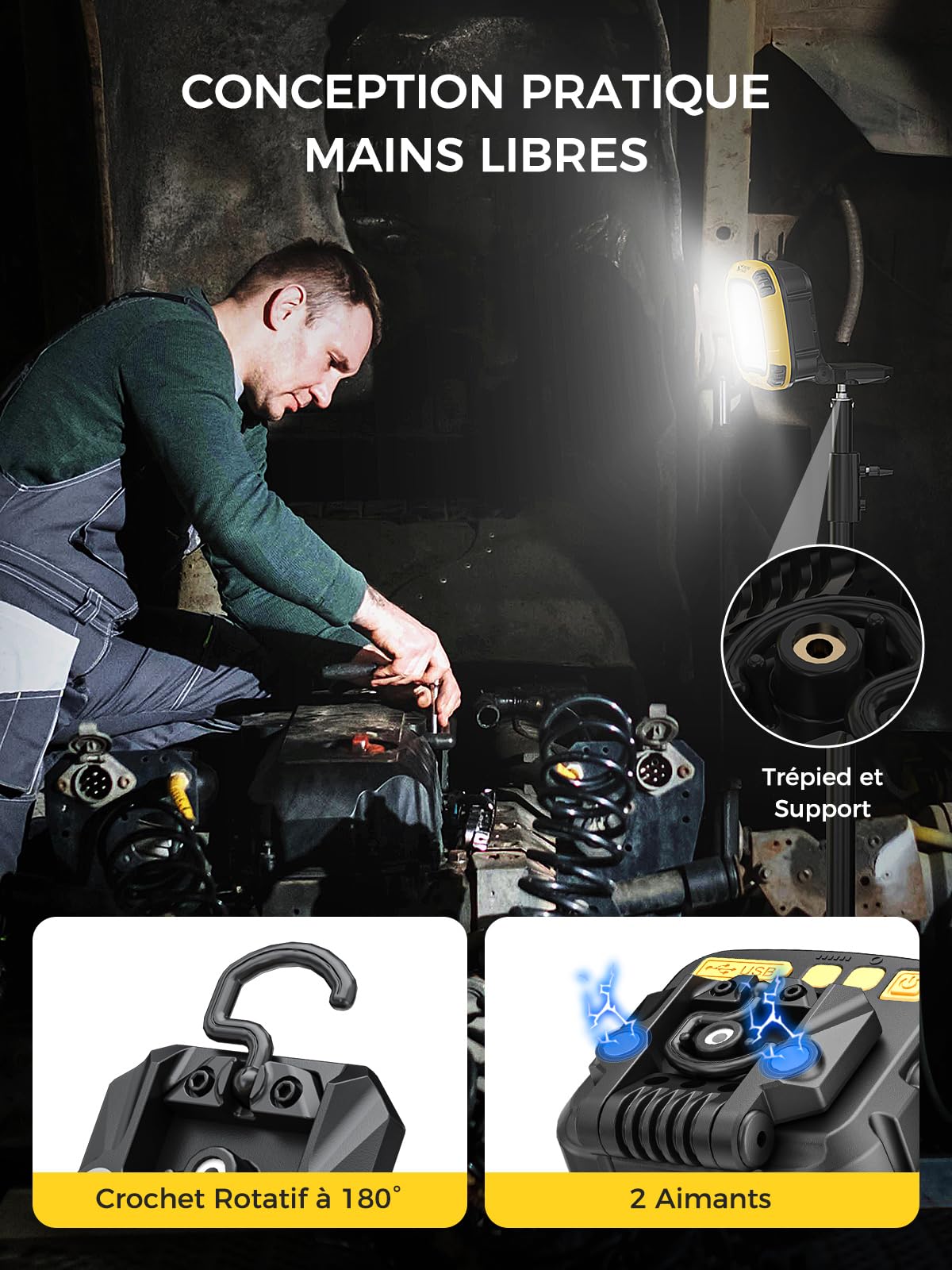 Smiling Shark Lampe Travail, 4000lm LED Lampe Inspection 7500mAh Rechargeable Étanche 18 Modes Lumière Portable COB Lampe D'atelier avec Magnétique pour Outdoor Réparation Garage Workshop Emergency