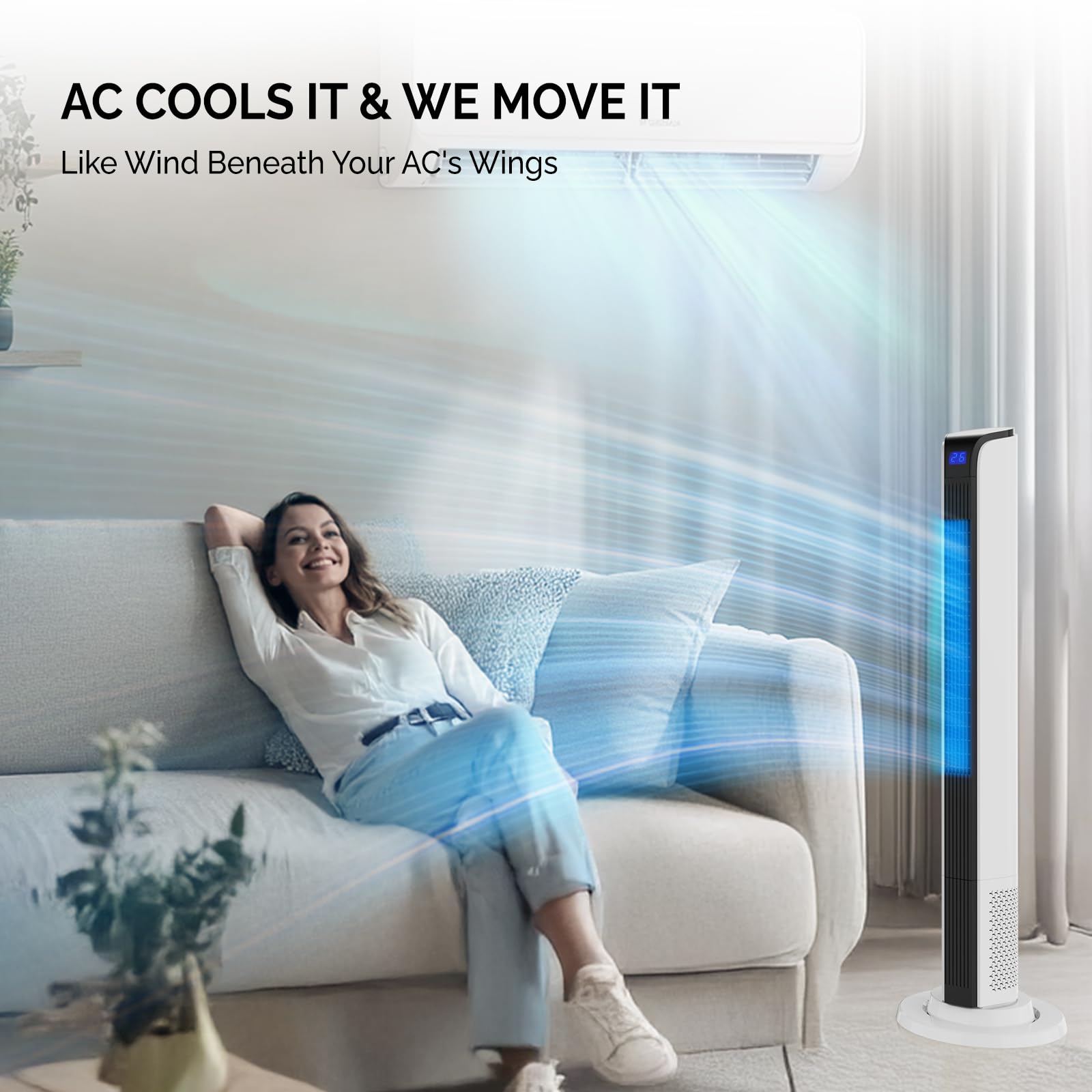 ROVSUN Ventilatore a Torre Silenzioso 40 dB, Potente 7.6 m/s, Ventilatore Colonna con Telecomando, 3 Velocità, 3 Modalità, Oscillazione 60°, Timer 12 H, Electric Fan 65 W