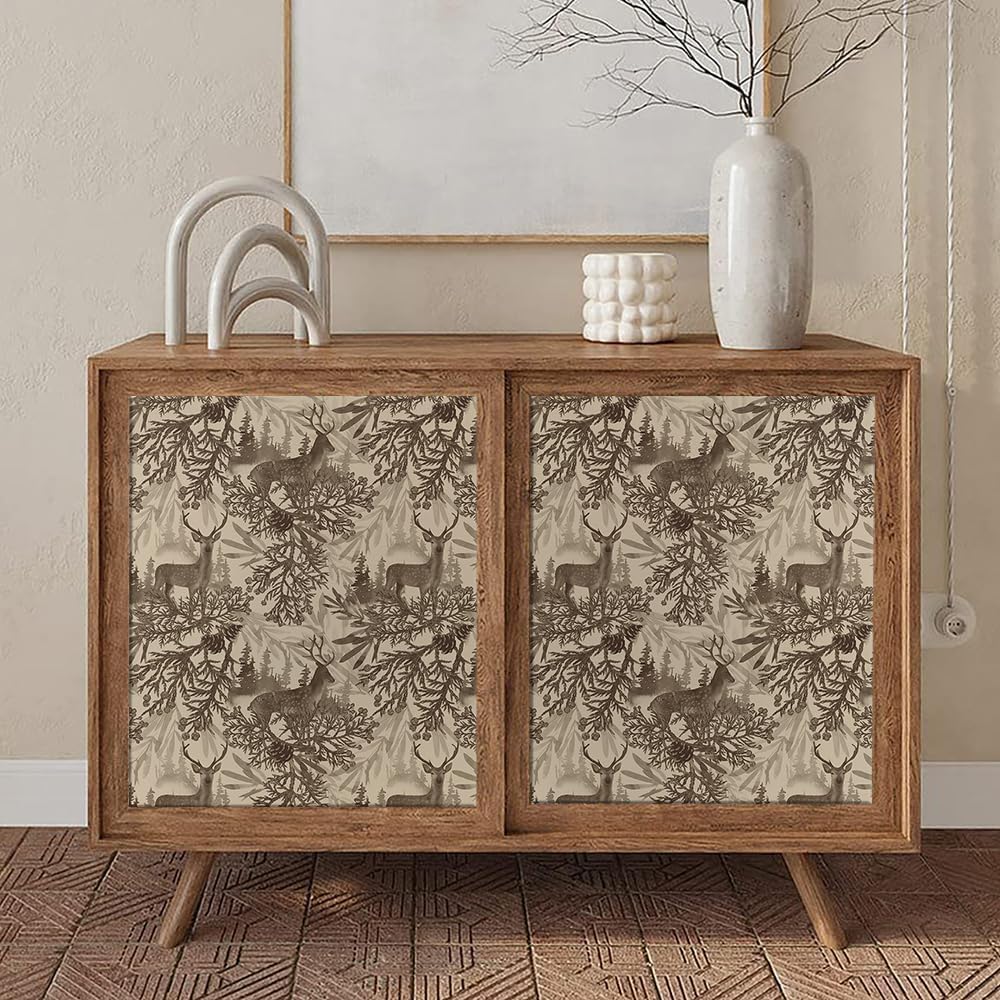 Vintage Boho Yellow Animals Forest Deer Pine Tree Leaf Peel and Stick Wallpaper Self Adhesive Removable Easy Peel Off Contact Paper Stick on Wall Paper for Bedroom Cabinet Renter Friendly