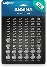 ABSINA Pack of 48 Alkaline & Lithium Button Batteries – 4 x AG1 LR621 / 4X AG3 LR41 / 8X AG4 LR66 / 8X AG10 LR1130 / 8X AG13 LR44 / 4X CR2016 / 4X CR2025 / 8X CR203 2 - Stack 1.5V & 3V - Button