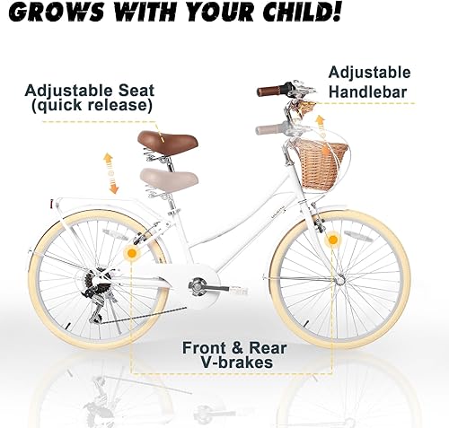 Miniatura 4 de Glerc 20 24 26 Inch Beach Cruiser Bike, 6-Speed Hybrid City Bicycle for Girls Youth and Over 6 Years Old, Missy Bike with Wicker Basket &