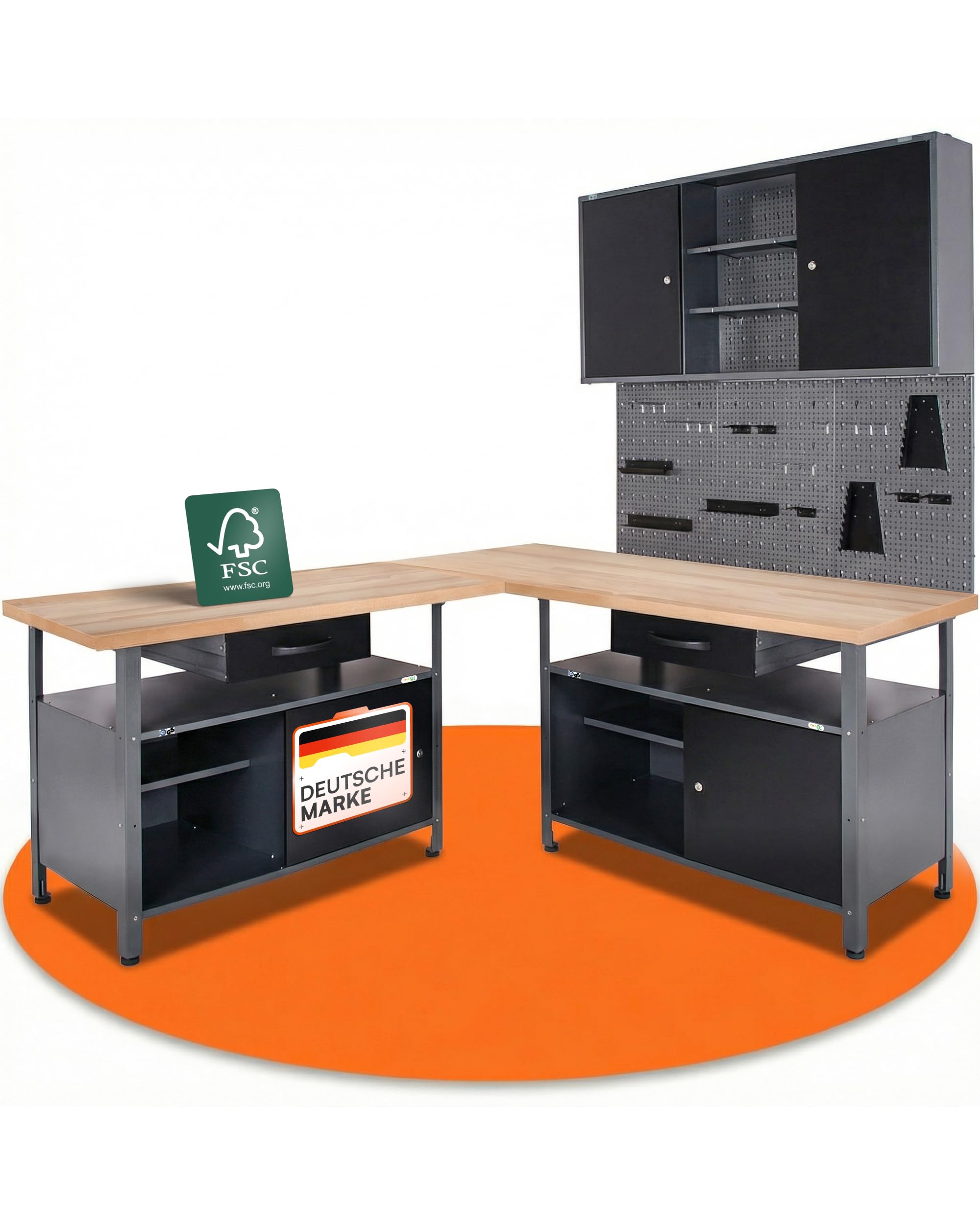 Ondis24 Werkstatt Set Ecklösung Classic One, Werkbank, 120 + 60 cm Buchenholzarbeitsplatte, Werkzeugschrank, Werkzeugwand Lochwand, Haken Set, Metall (Arbeitshöhe 85cm, schwarz)