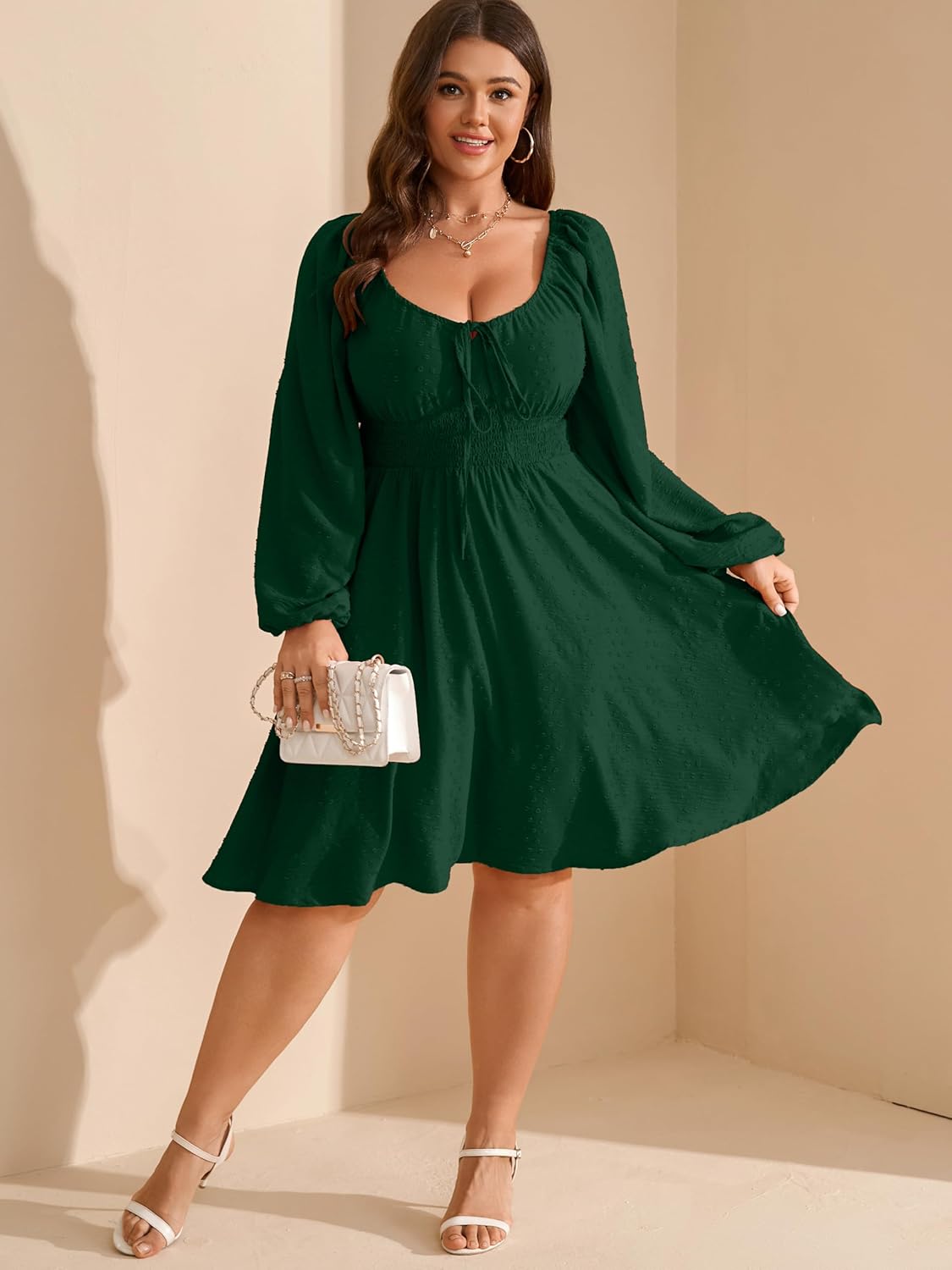 RWJ Women's 2025 Fall Wedding Guest Dresses Long Sleeve Smocked Square Neck Swiss Dot Party Plus Size Mini Dress - Image 3