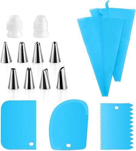 E-far Juego de bolsas y puntas para pastelería, kit de decoración de pasteles con 2 bolsas de silicona reutilizables, 2 acopladores, 8 puntas de