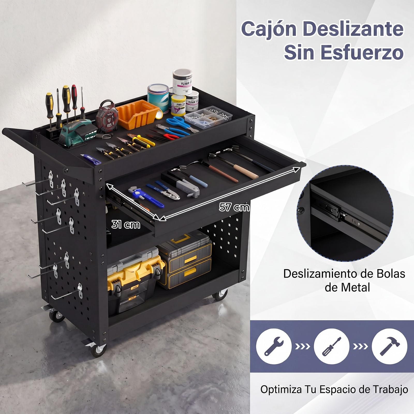 GYMAX Carro de Almacenamiento para Herramientas, Carro de Taller de 3 Niveles con Cajón, 2 Paneles Perforados, 8 Ganchos y Ruedas, Carrito Rodante de Transporte para Taller, Garaje y Almacén