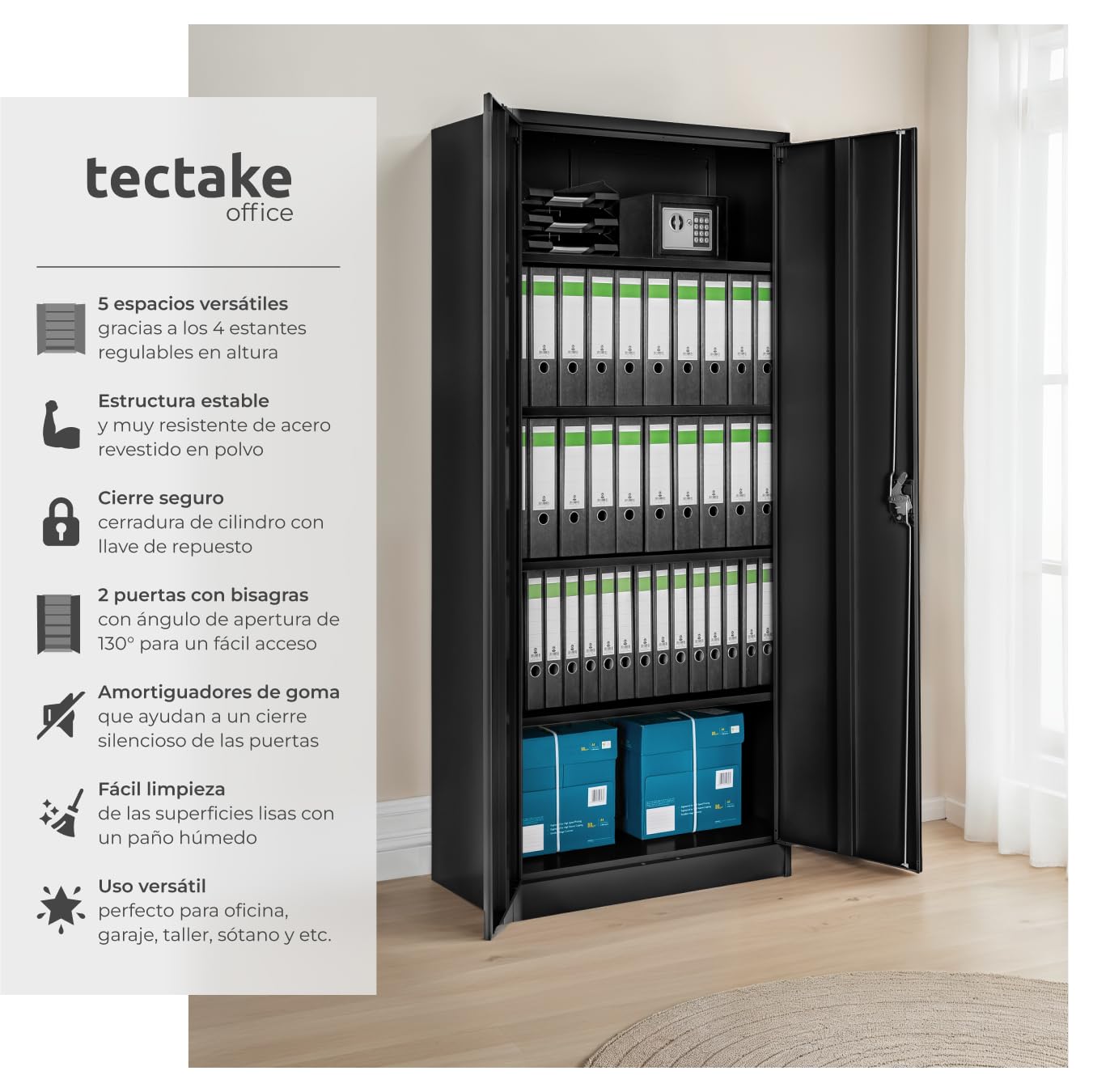 tectake® Armario Archivador Oficina en Acero 180x90x40 cm, Armario Exterior e Interior con Cerradura, Armario Multiusos con 2 Puertas, 4 Estantes Ajustables y 5 Alturas, Fácil Montaje - Negro