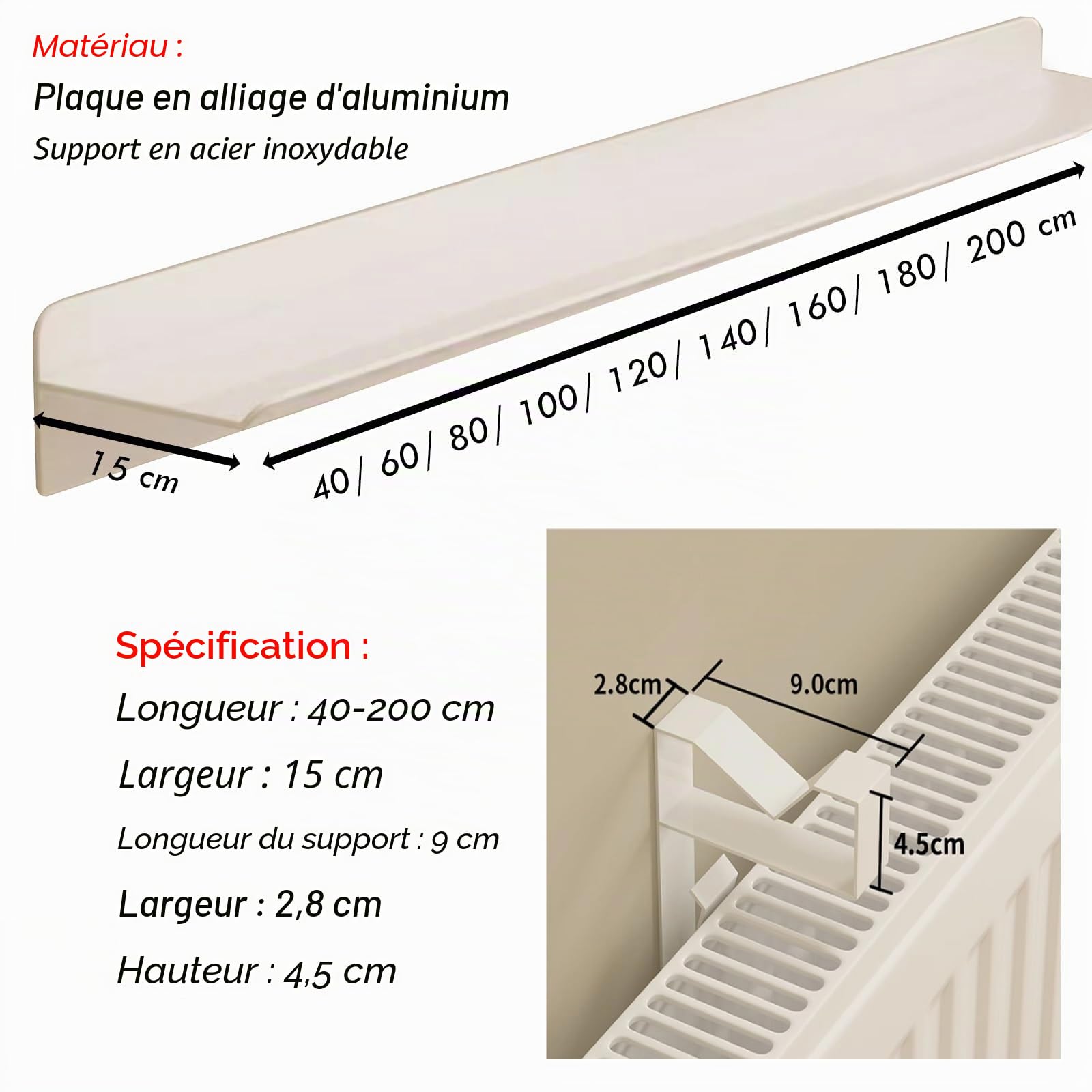éTagèRe Tablette De Radiateur 40 80 80140140180200 CM Cache-radiateur en aluminium, étagère pour radiateur en fonte avec support en acier inoxydable, étagère sur radiateur, aucun perçage requis, insta