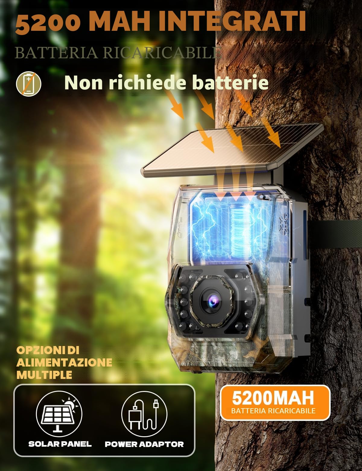 Fototrappola con Pannello Solare 60MP 4K 30fps, WIFI Bluetooth e App Fototrappola con Batteria Ricaricabile da 5200mAh Angolo di Rilevamento 100°HD Visione Notturna Impermeabile IP66