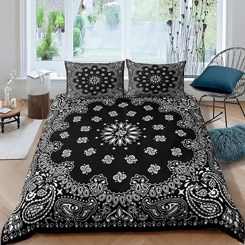 Juego de funda de edredón tipo bandana negra tamaño matrimonial, juego de ropa de cama de 3 piezas de cachemira para decoración de dormitorio, funda