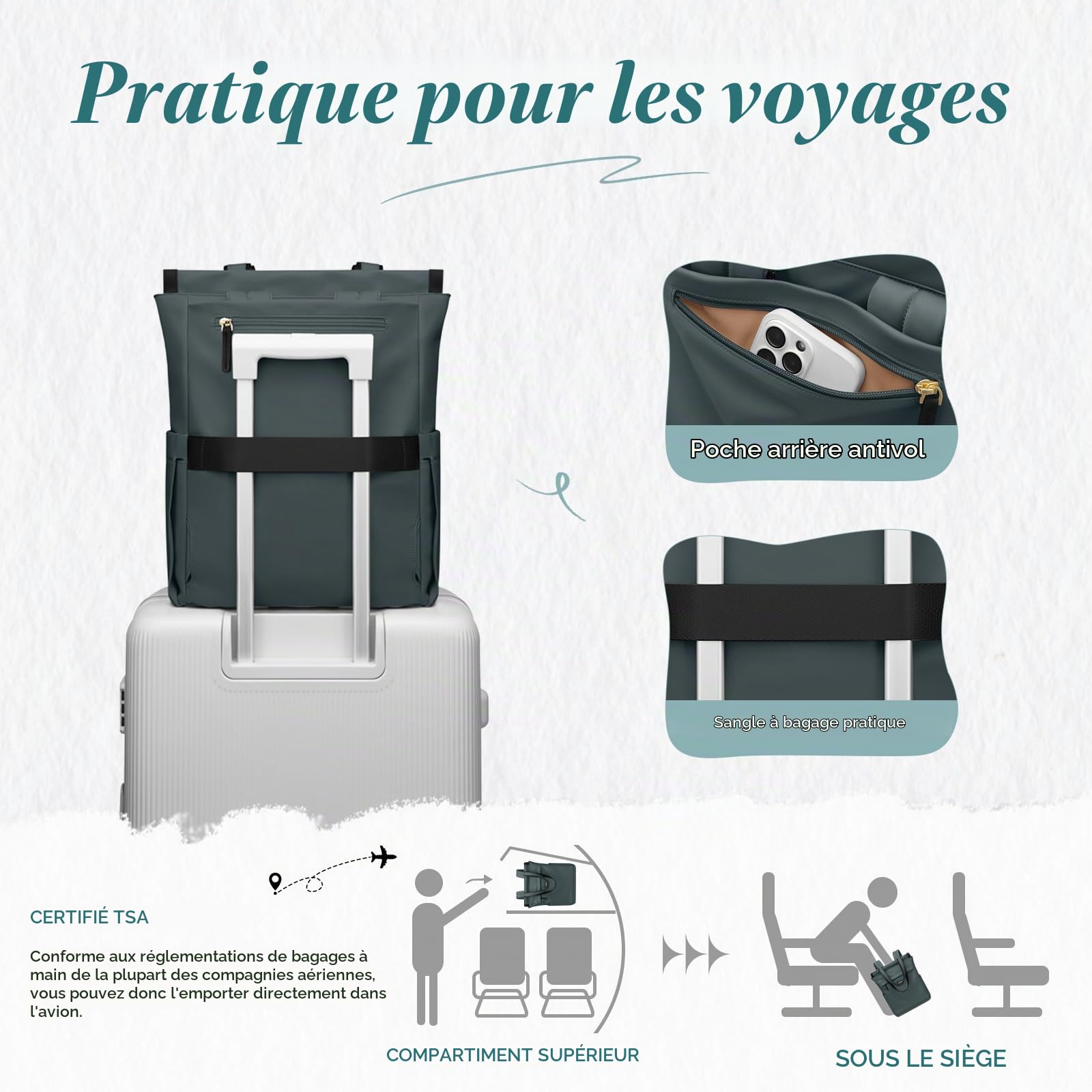 Sac à Dos Convertible pour Ordinateur Portable, Sac à Dos pour Ordinateur Portable pour Femme, Sac de Voyage Décontracté de 15.6 Pouces, pour l'université, les Voyages, le Travail (Vert Foncé)